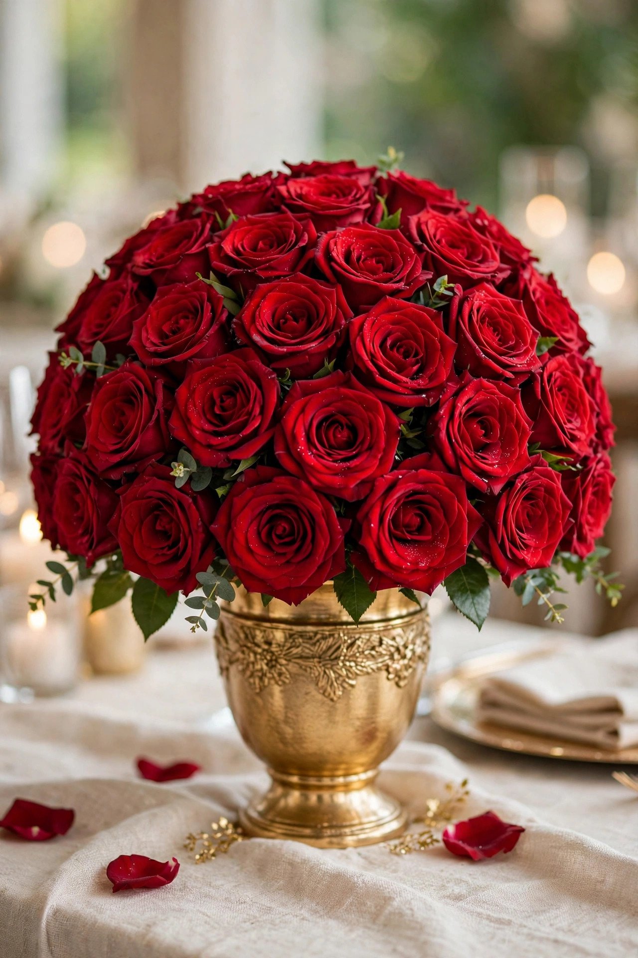 Classic round dome wedding centerpiece of red roses in a gold vase