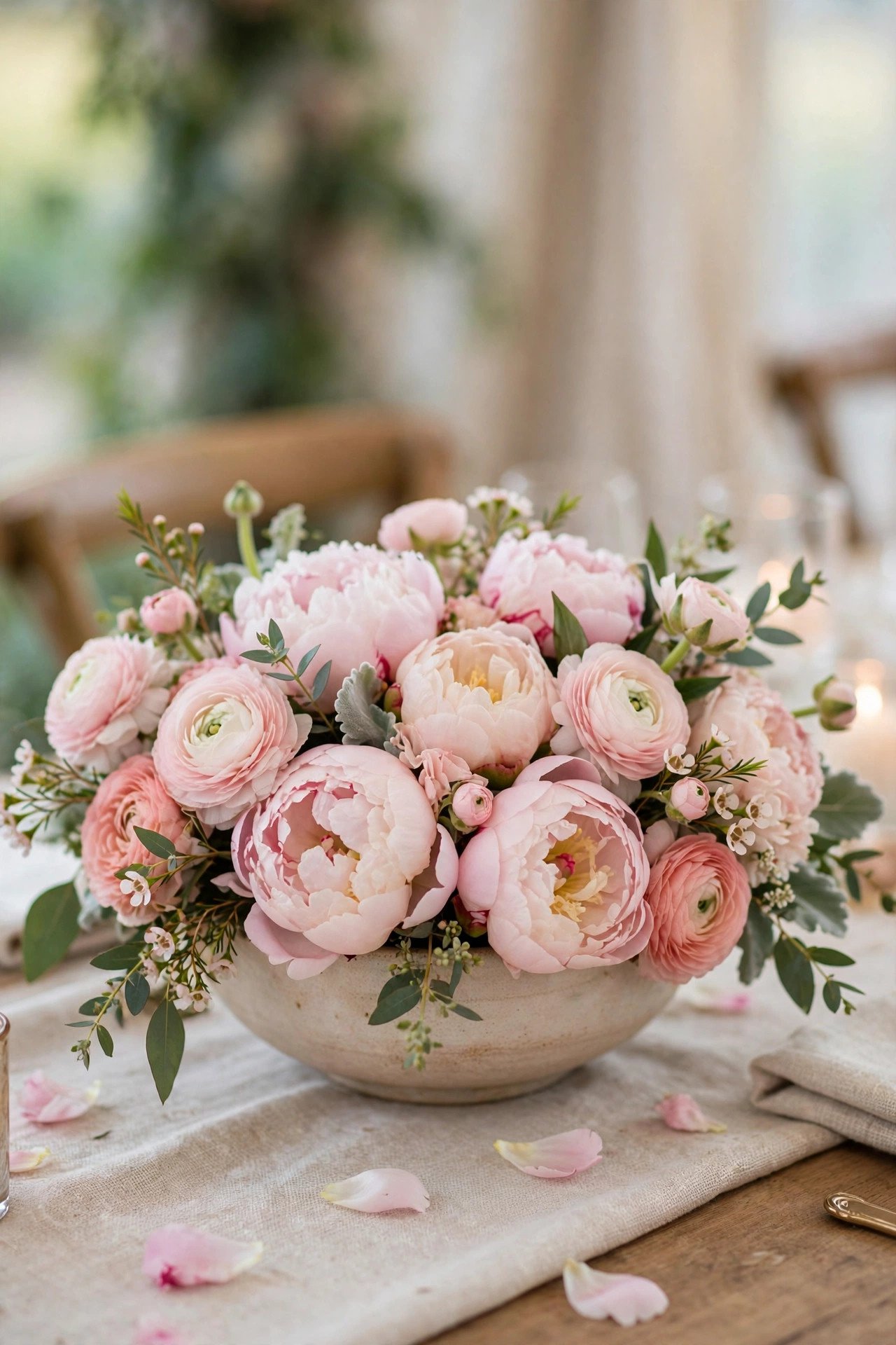Low wedding centerpiece bowl with blush peonies and ranunculus flowers