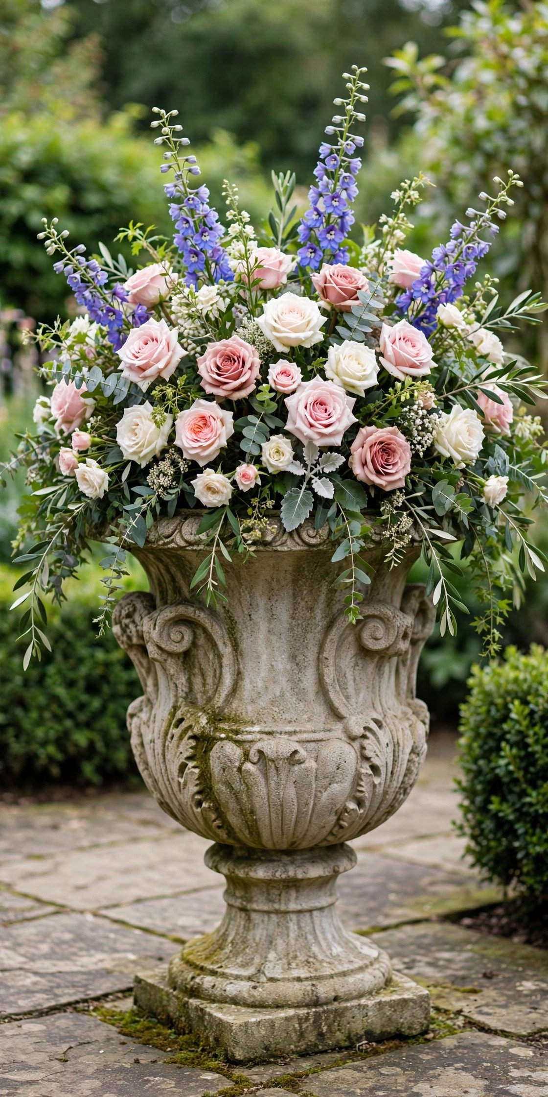Large stone urn with garden-style wedding flower arrangement of roses and delphinium