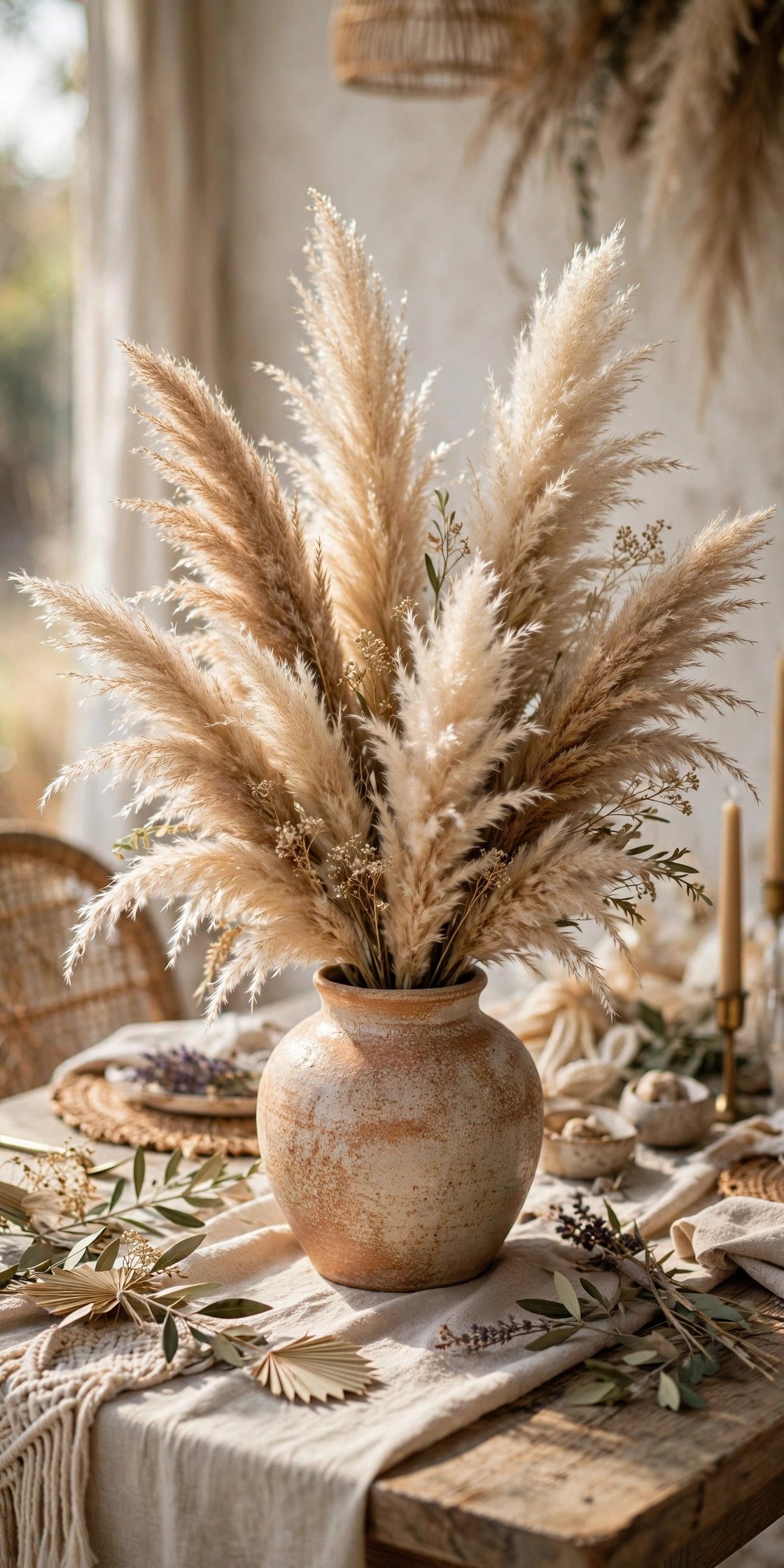 Boho wedding arrangement of pampas grass plumes in a ceramic vase