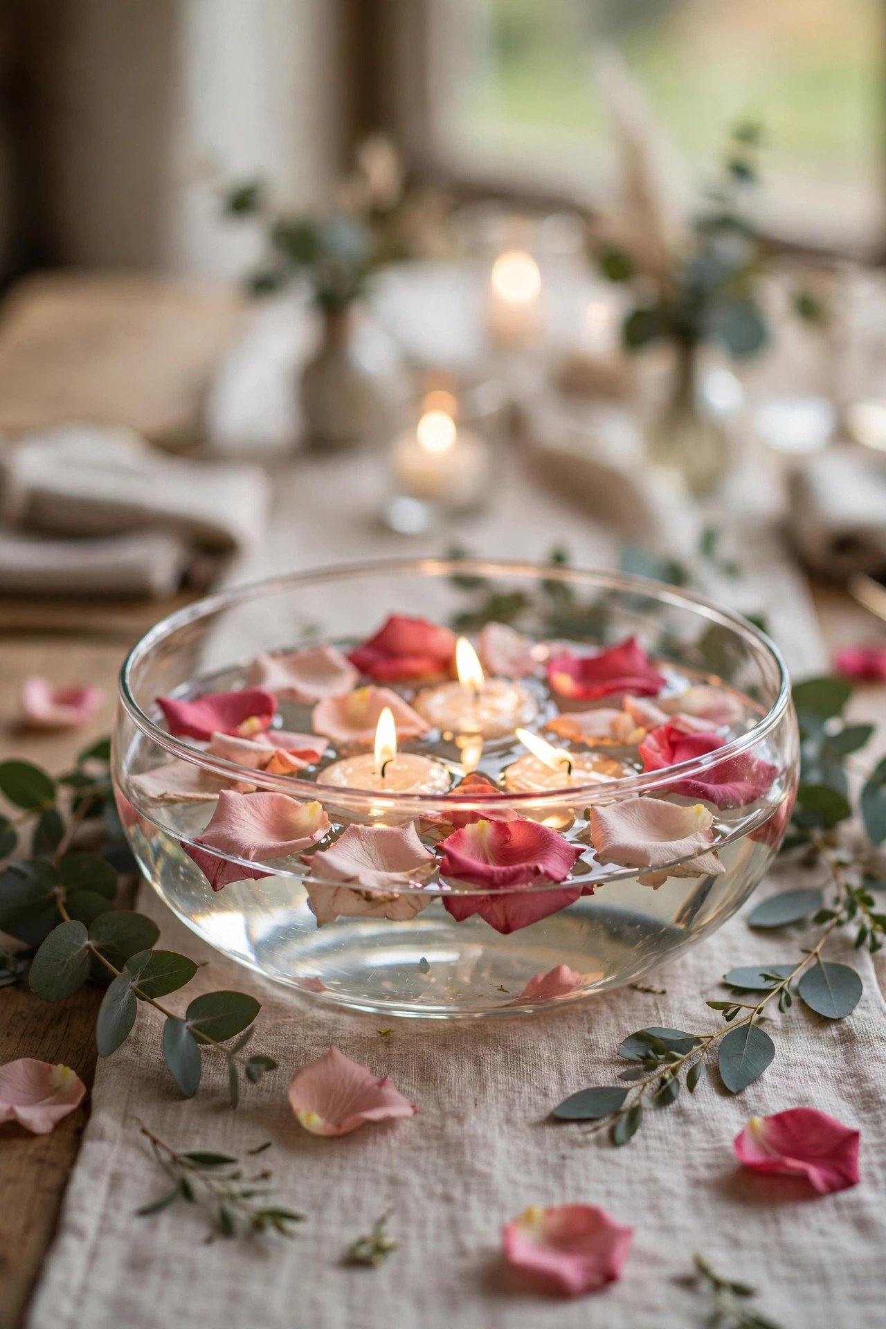 Low glass bowl with floating candles and rose petals as wedding centerpiece