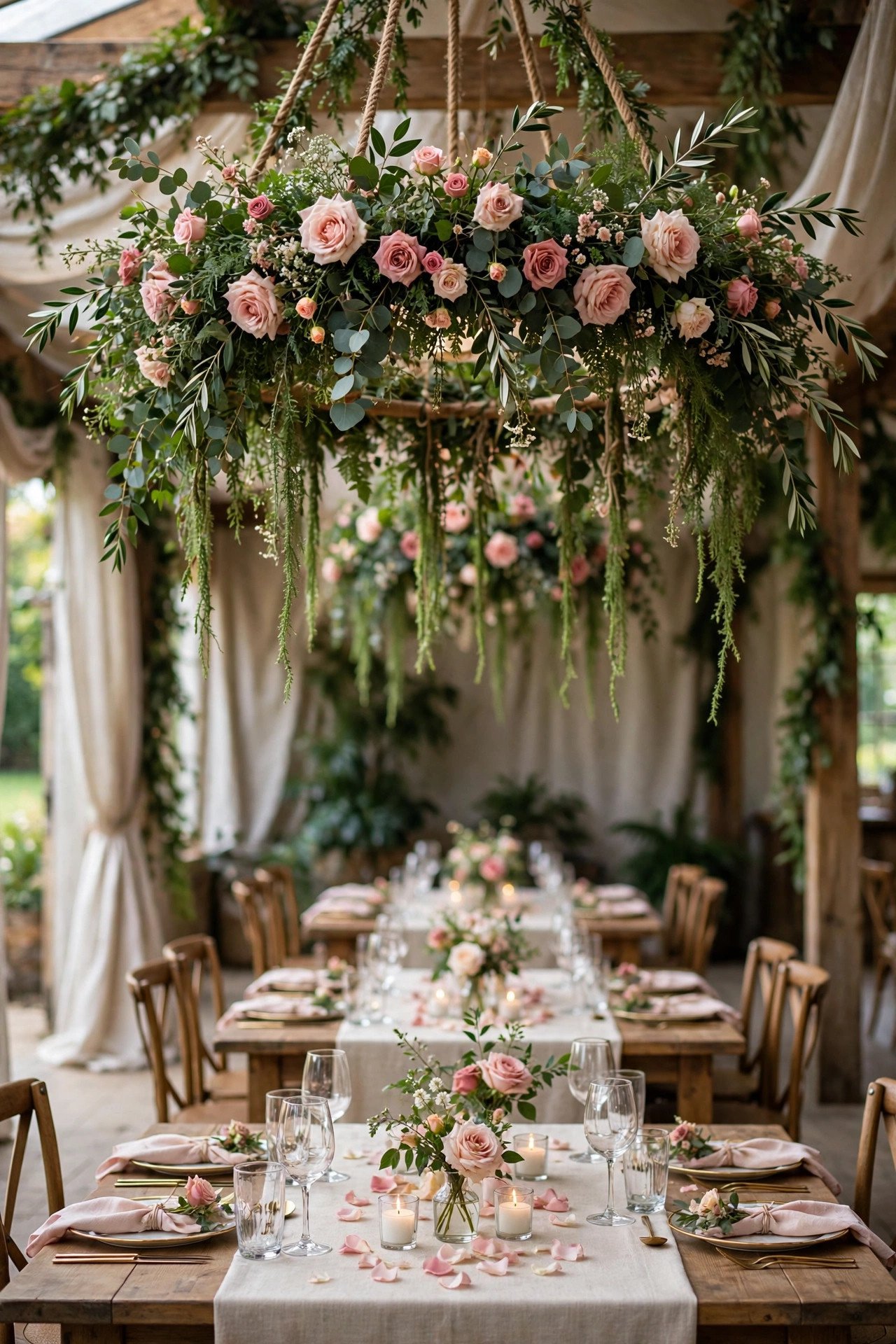 Hanging floral chandelier installation with greenery and roses above wedding tables