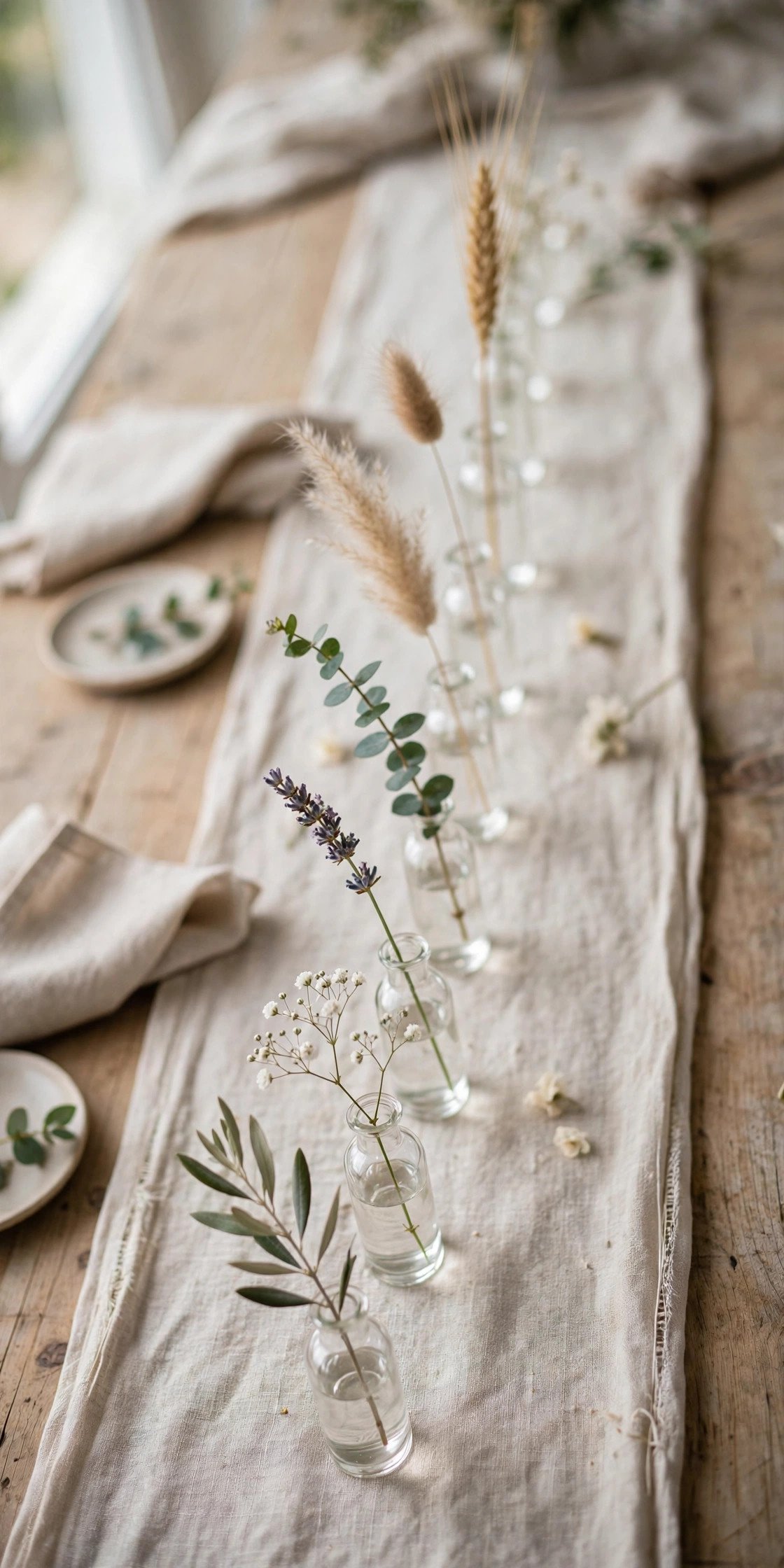 Row of small bud vases with single stems as minimalist wedding table decor