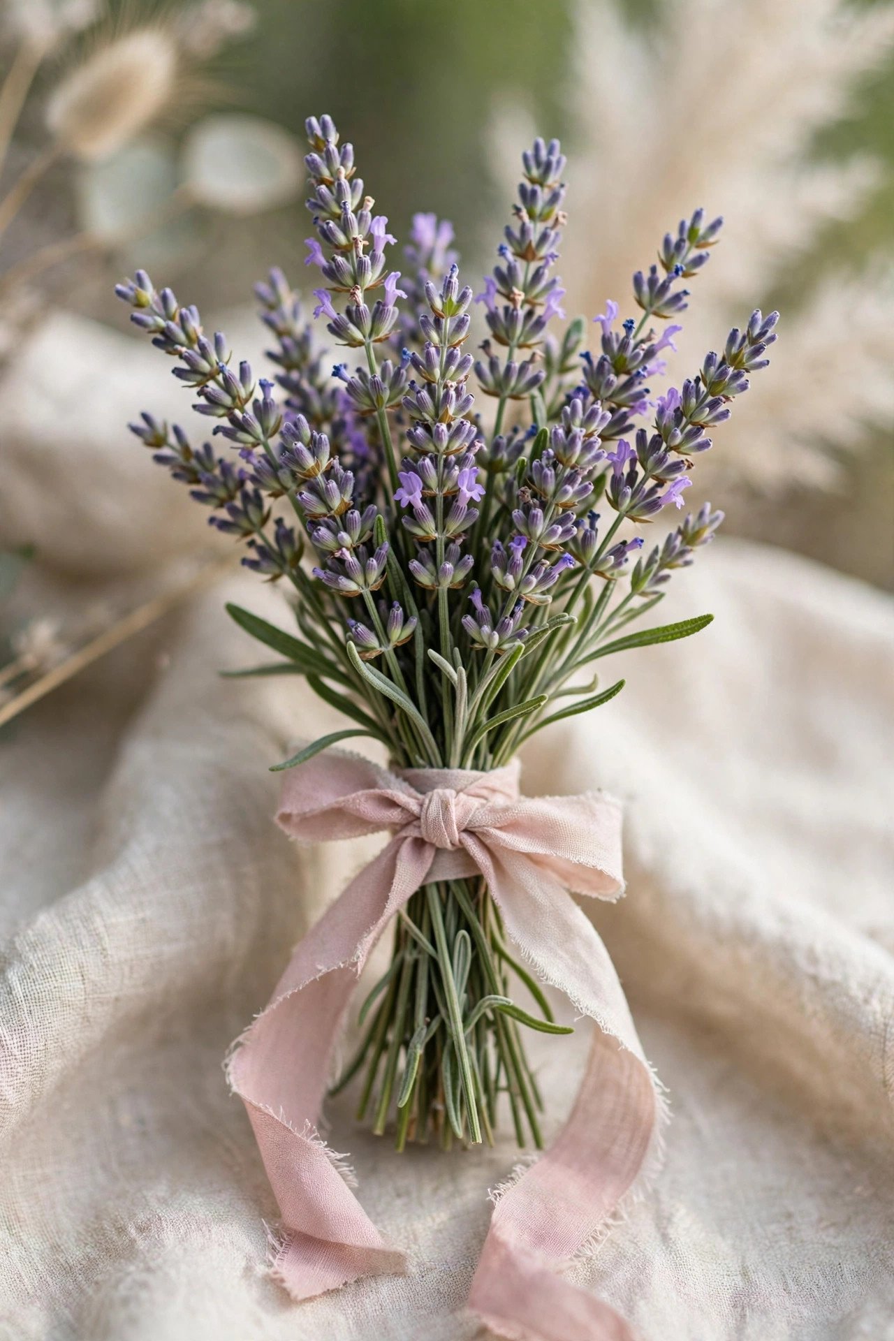 Small wedding posy of fresh lavender bundles tied with ribbon