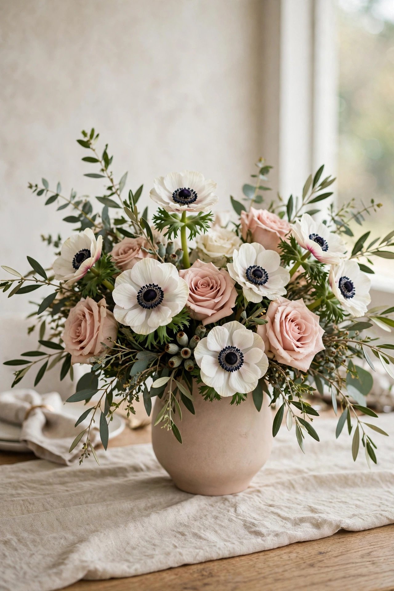 Modern wedding arrangement with white anemones and blush roses