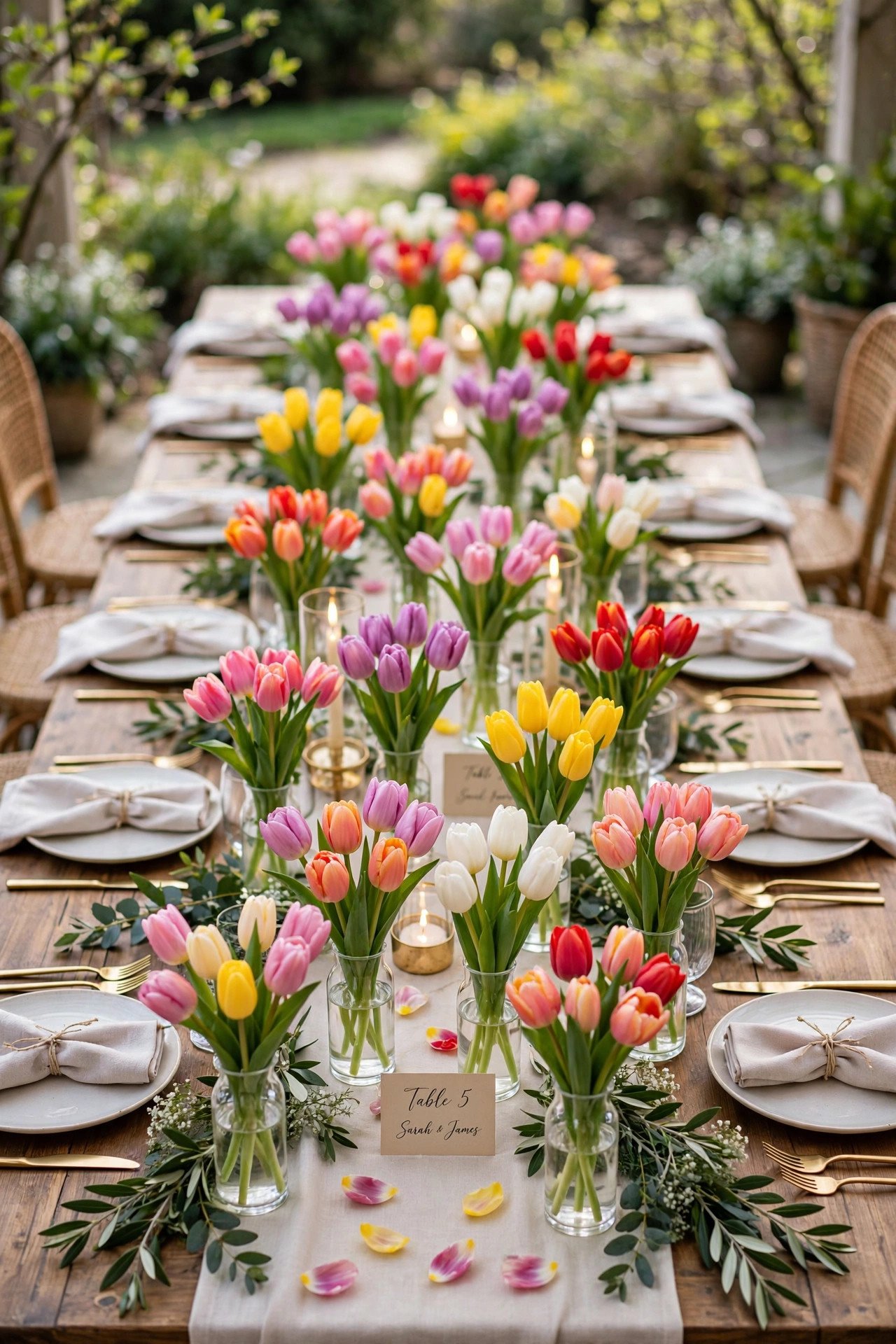 Wedding table arrangement with rows of colorful spring tulips in glass vases