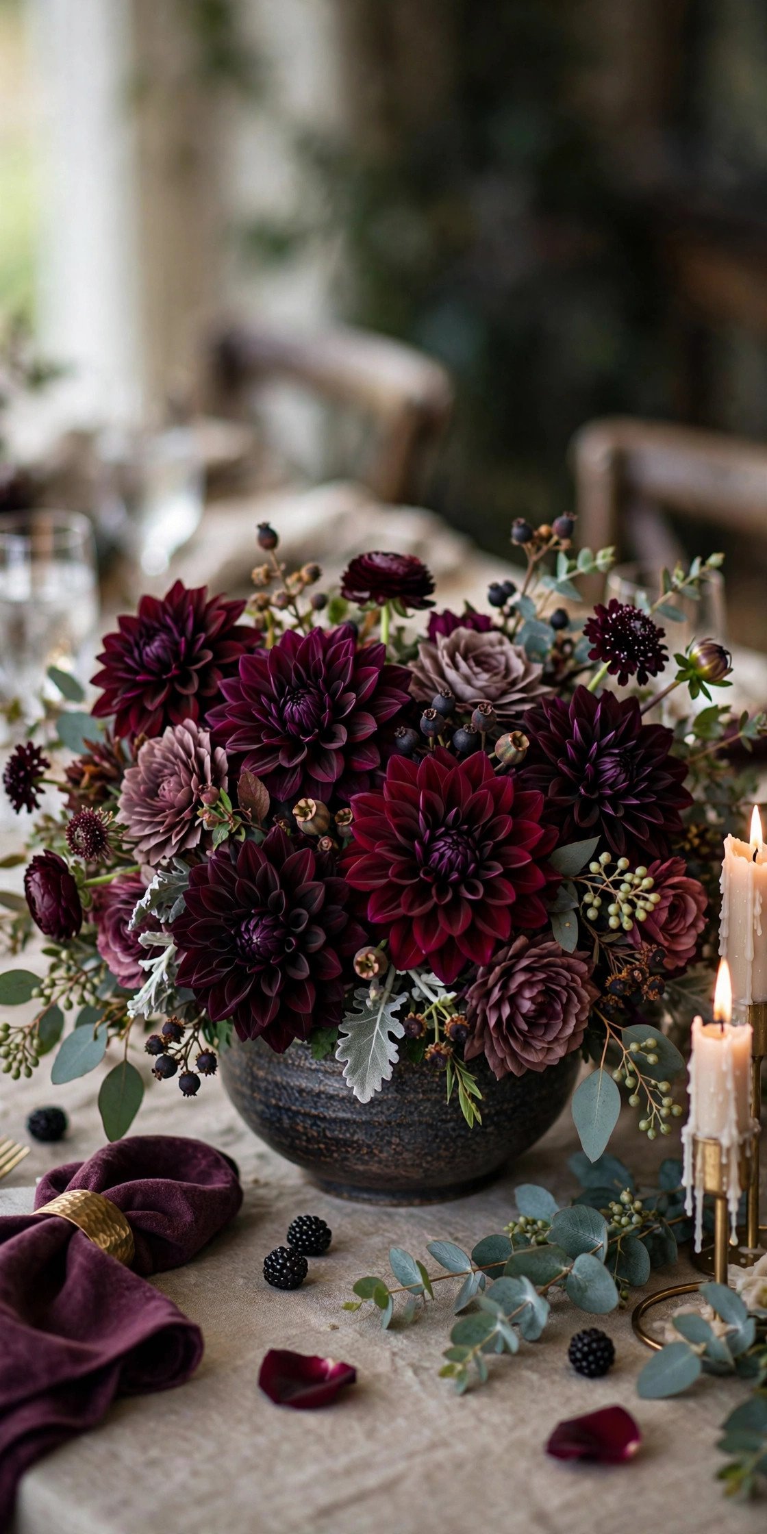 Rich jewel-tone dahlia wedding centerpiece in burgundy and plum
