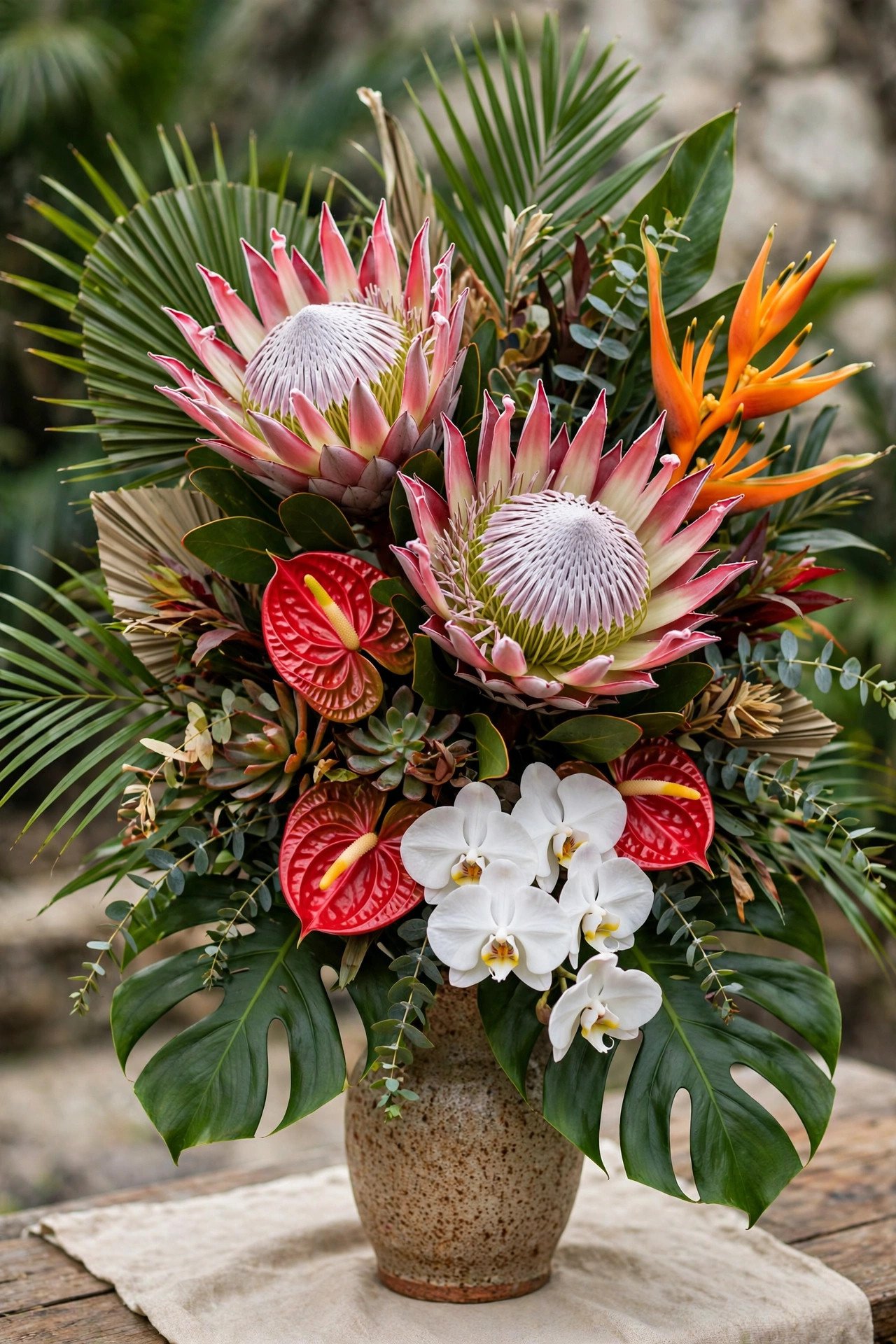 Bold tropical wedding arrangement with king protea flowers