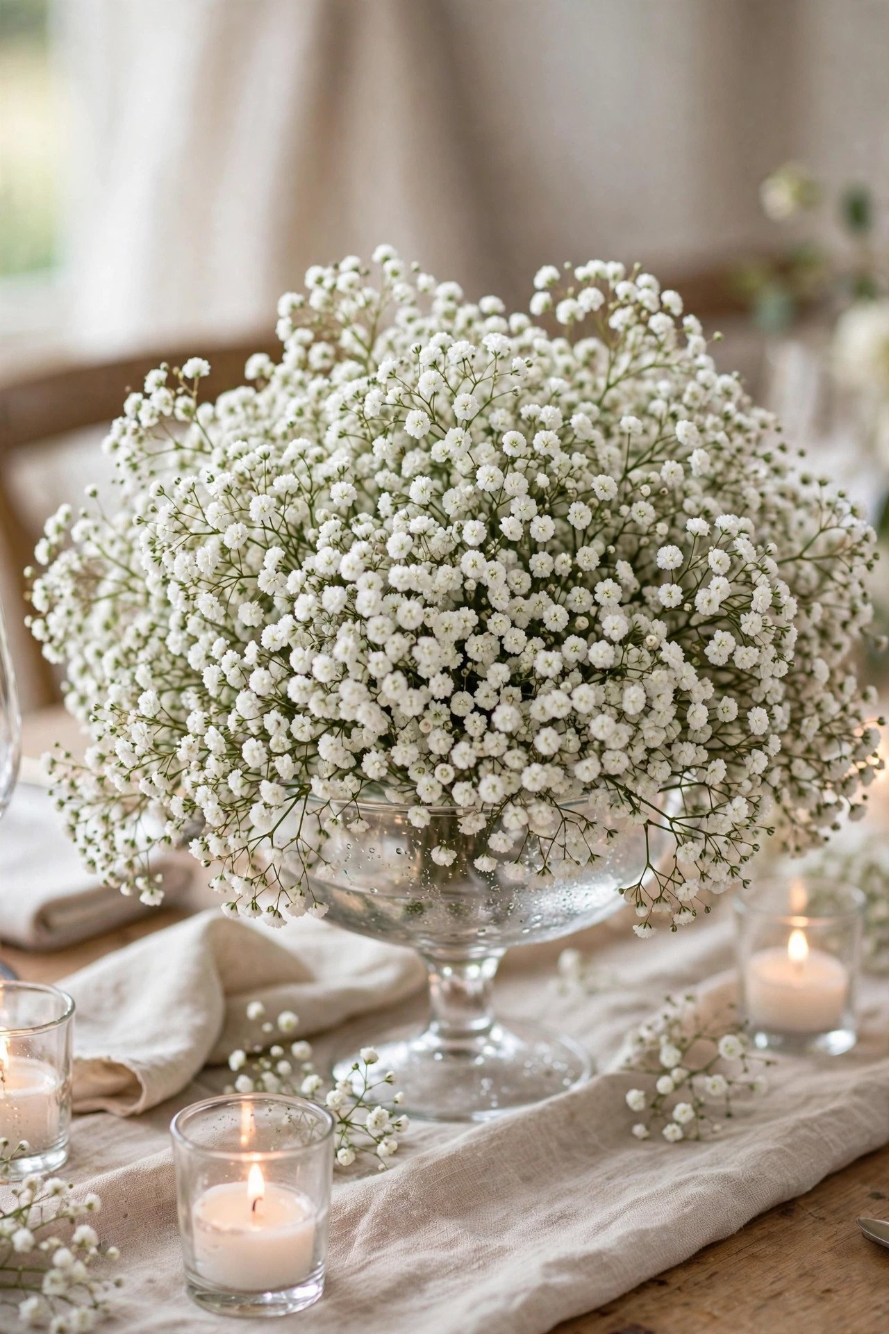 Wedding centerpiece made entirely of white baby's breath flowers