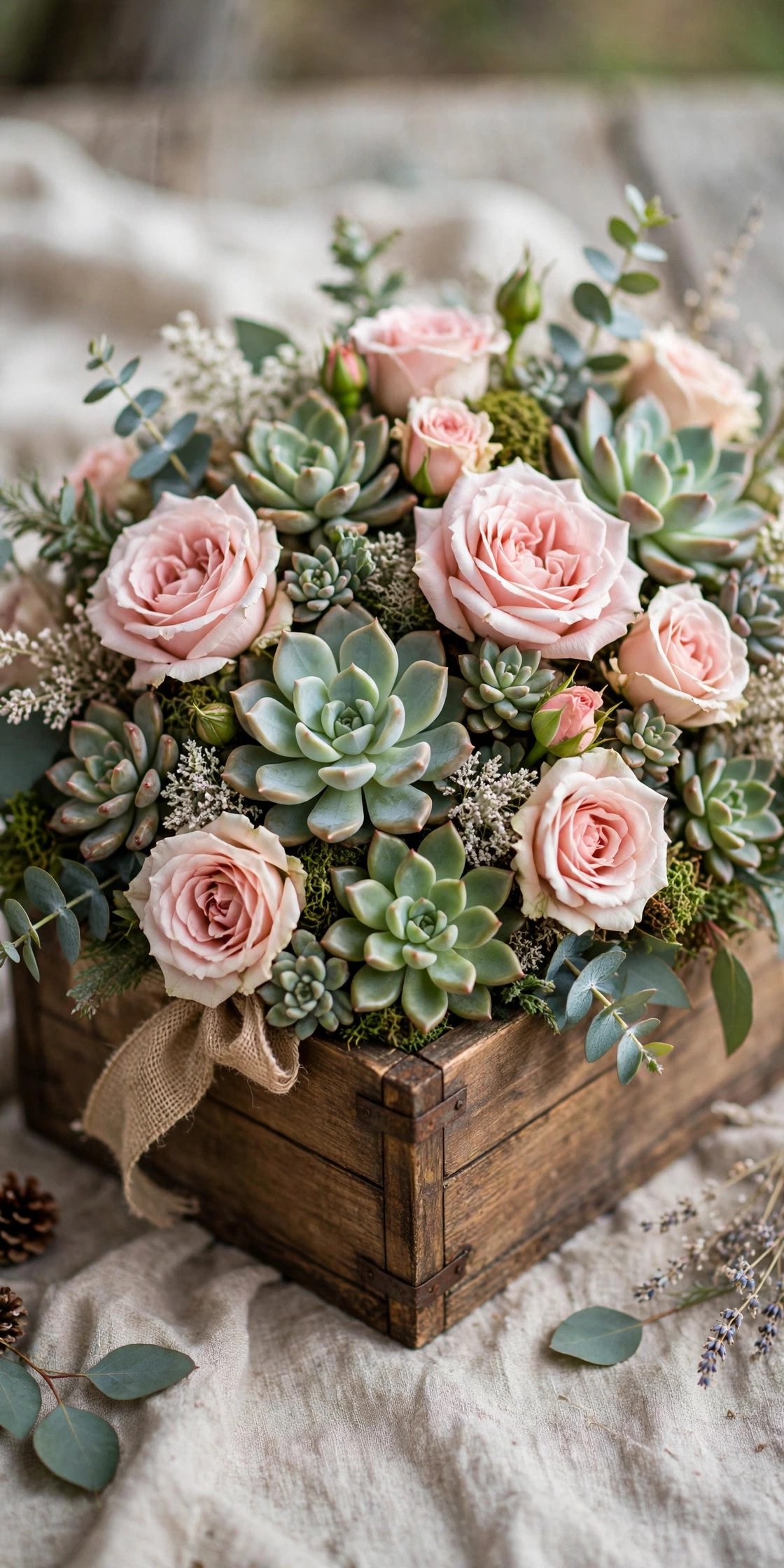 Wedding arrangement combining succulents with roses in a wooden box