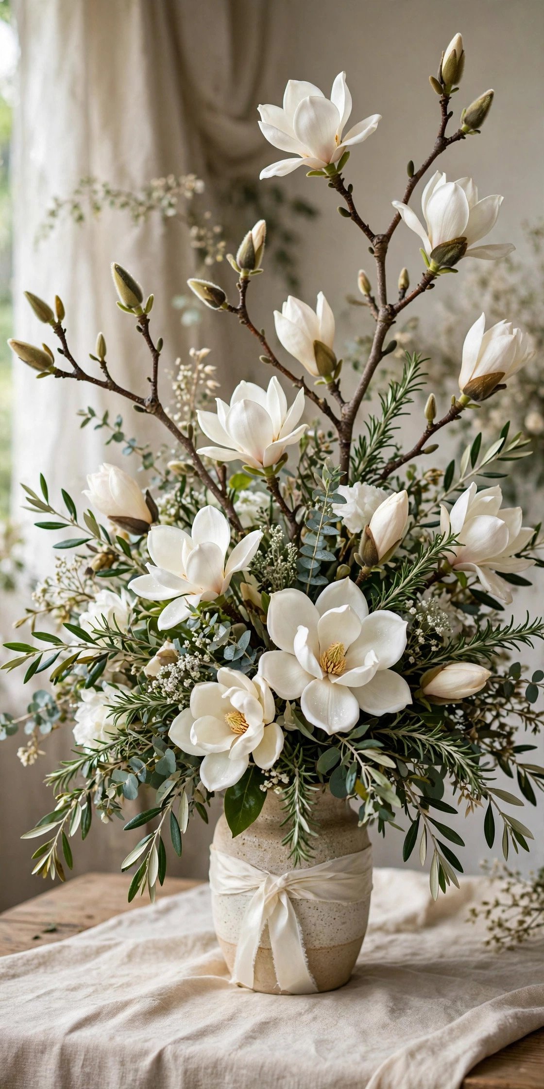 Large magnolia branches with white blooms in wedding arrangement