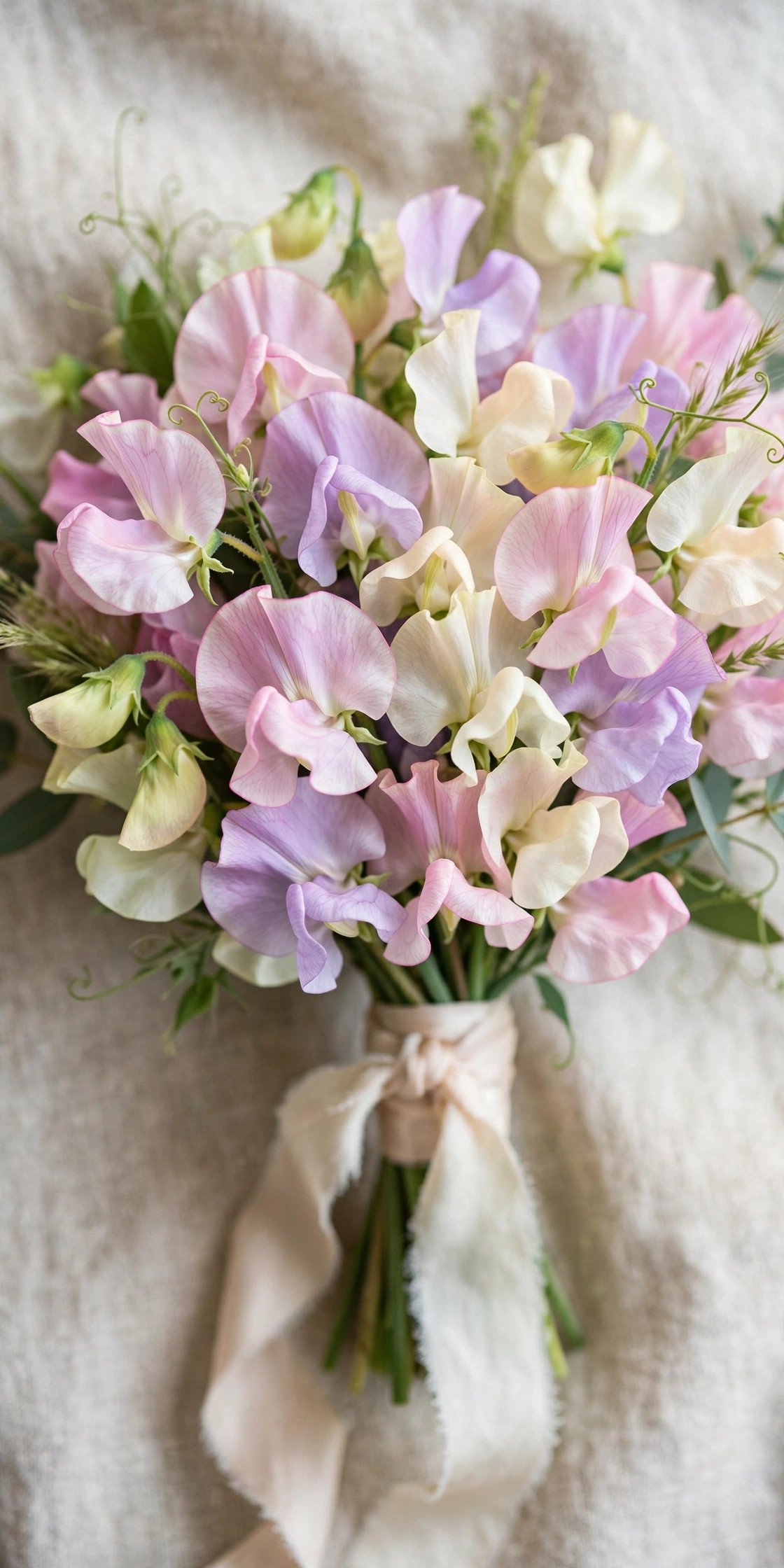 Delicate wedding posy of pastel sweet pea flowers
