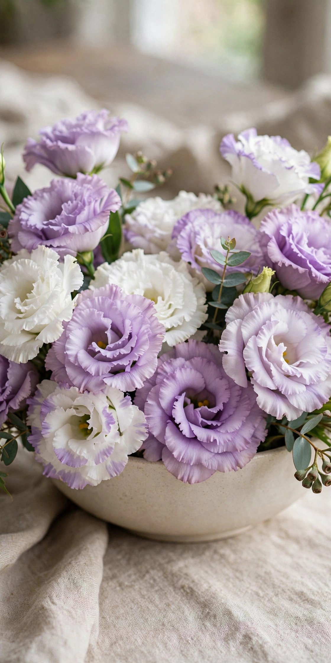 Low bowl of ruffled lisianthus wedding flowers in lavender and white