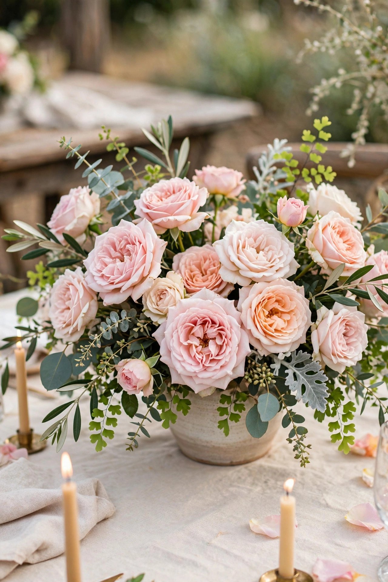 Loose garden-style cluster of garden roses as wedding centerpiece