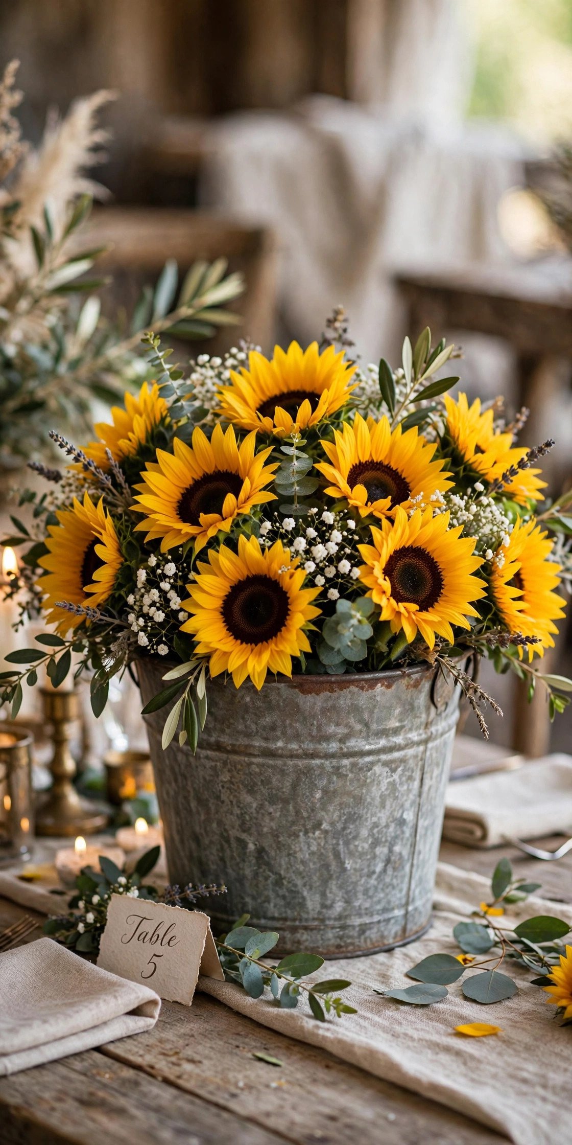 Rustic metal bucket filled with sunflowers as wedding table arrangement