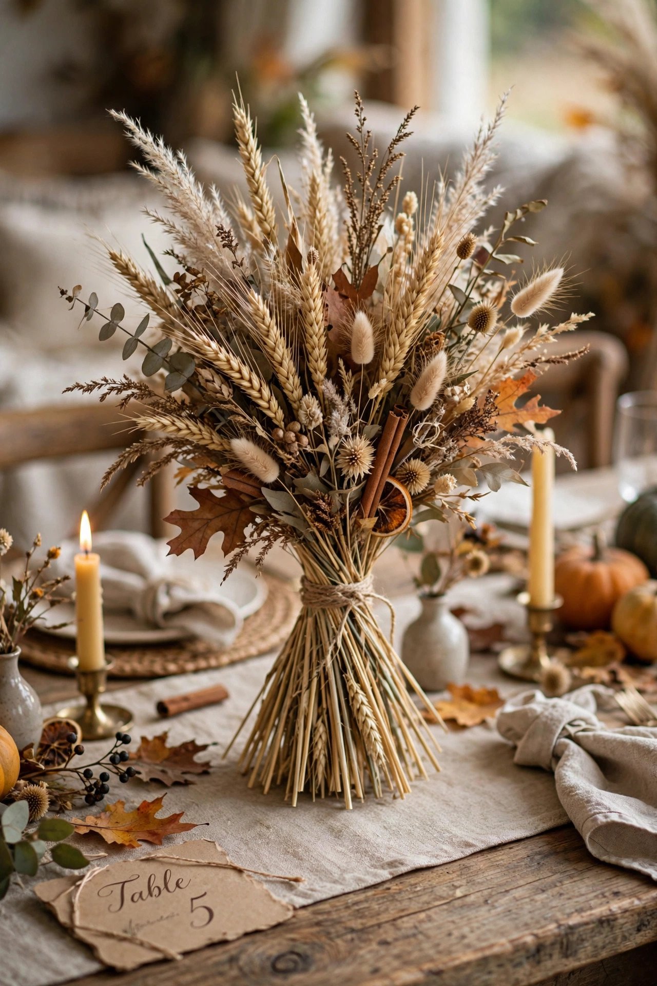 Dried wheat and harvest grasses bundle as fall wedding table decor