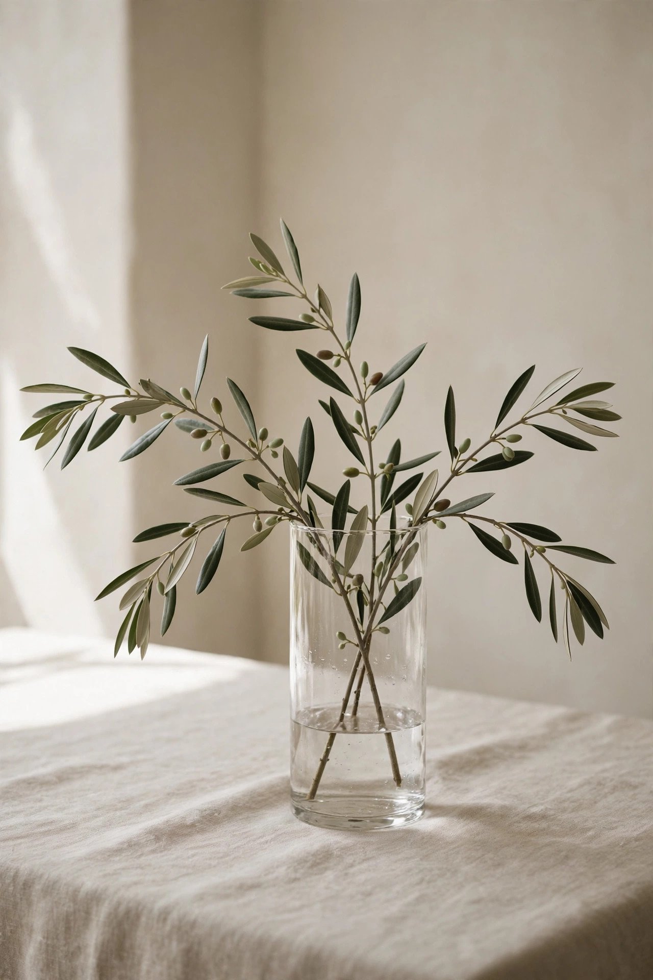 Minimalist wedding arrangement of olive branches in a clear vase