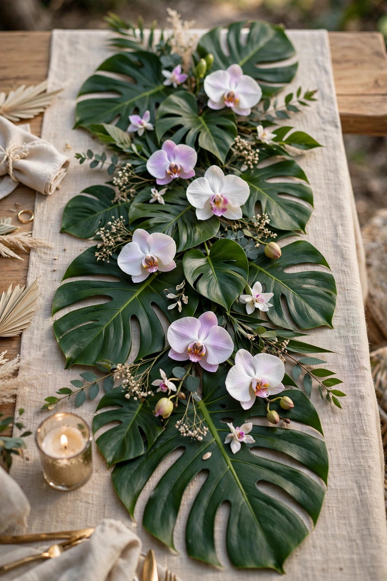 Tropical wedding table runner of monstera leaves with orchid accents