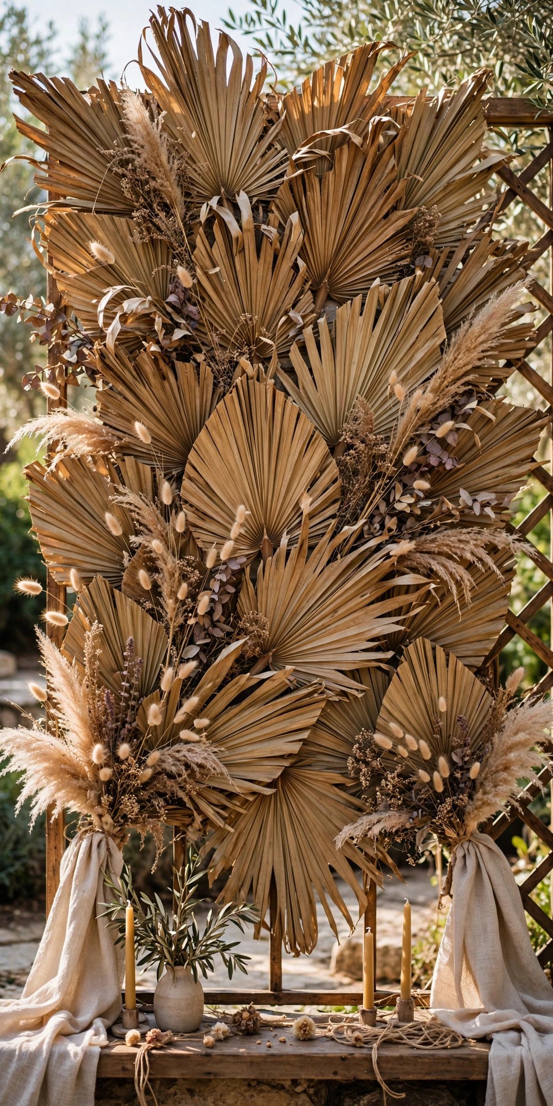 Dried palm fan leaves arranged as wedding backdrop decor
