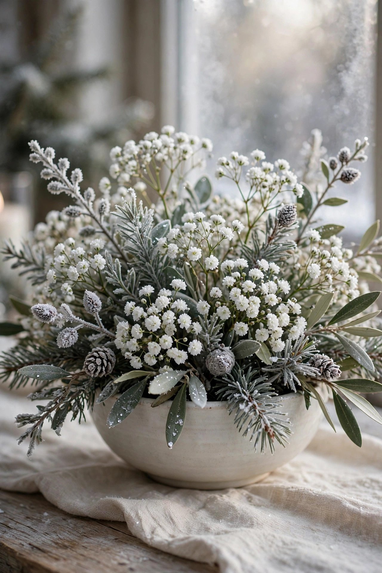 Winter wedding bowl of white gypsophila and frosted greenery
