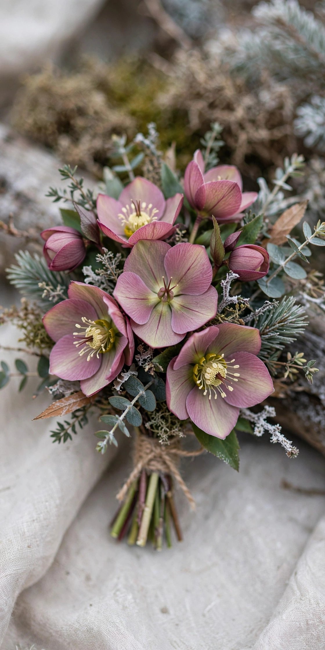 Small winter wedding posy of hellebore flowers in dusky pink