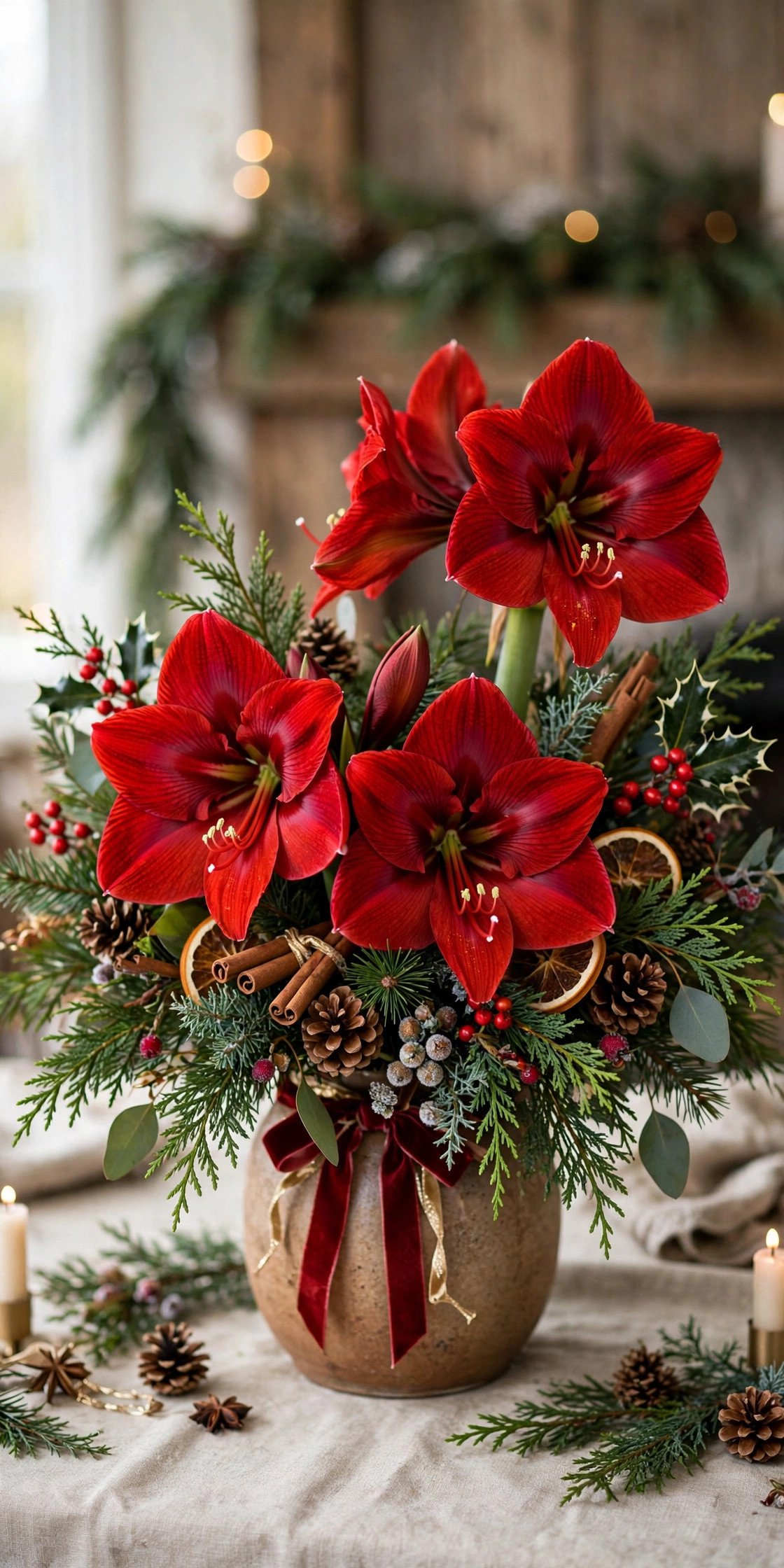 Bold red amaryllis wedding arrangement for holiday season wedding
