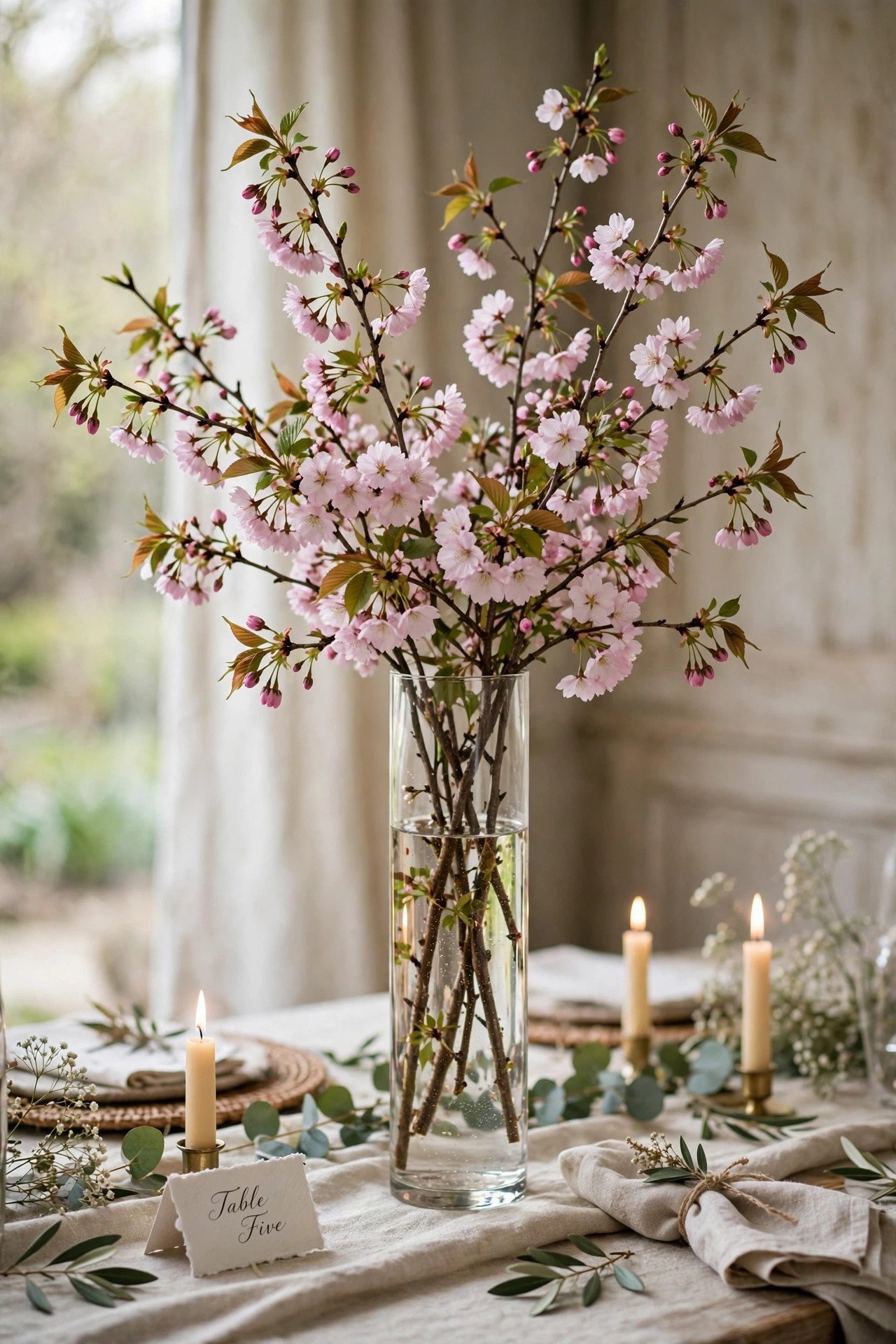 Tall vase with forced flowering branches for spring wedding decor