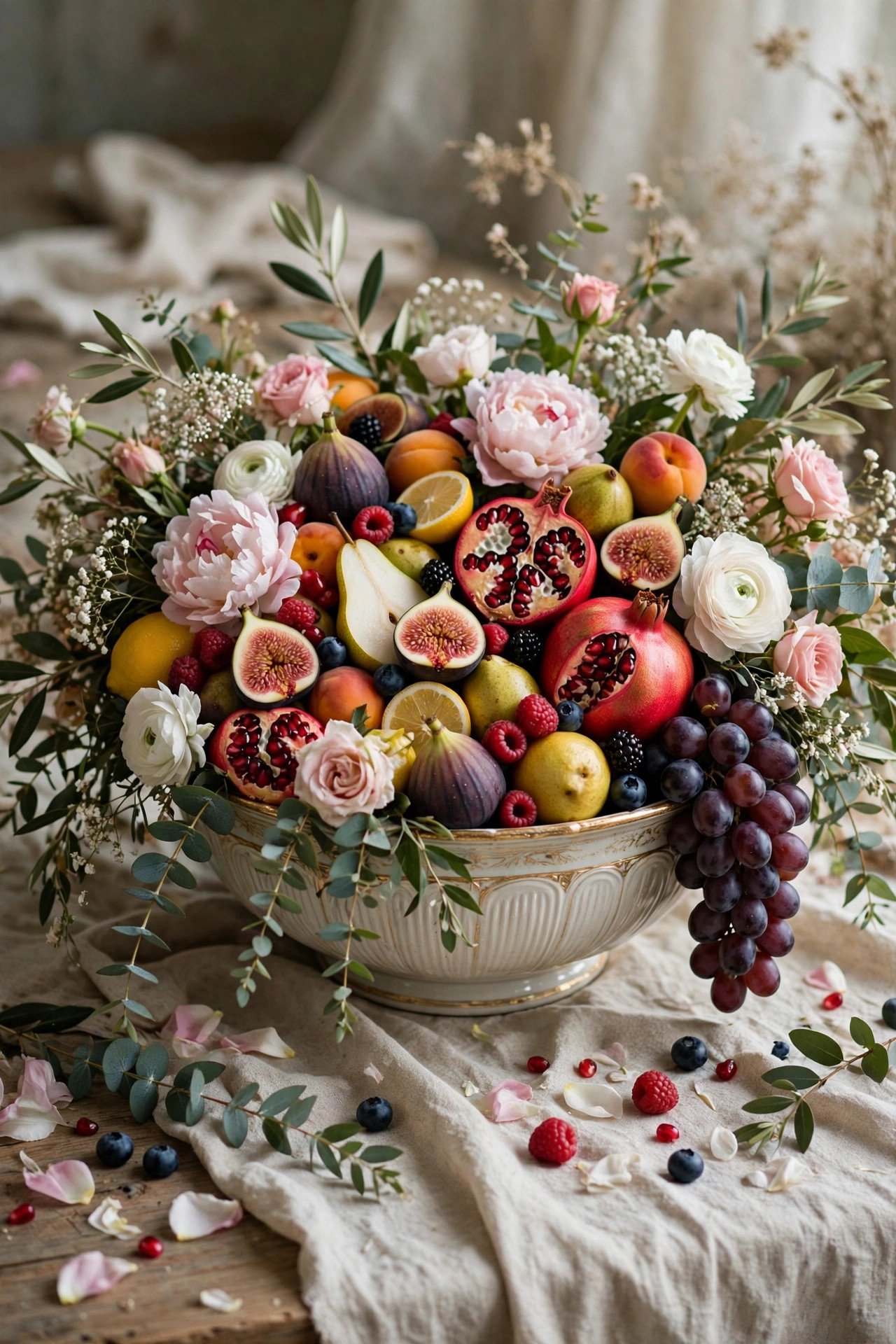 Overflowing wedding bowl with fruits and flowers together