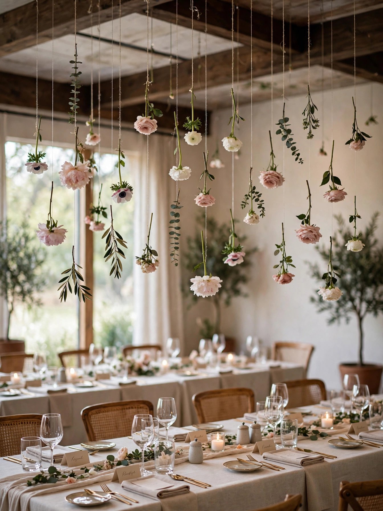 Single flower stems suspended from ceiling above wedding reception tables
