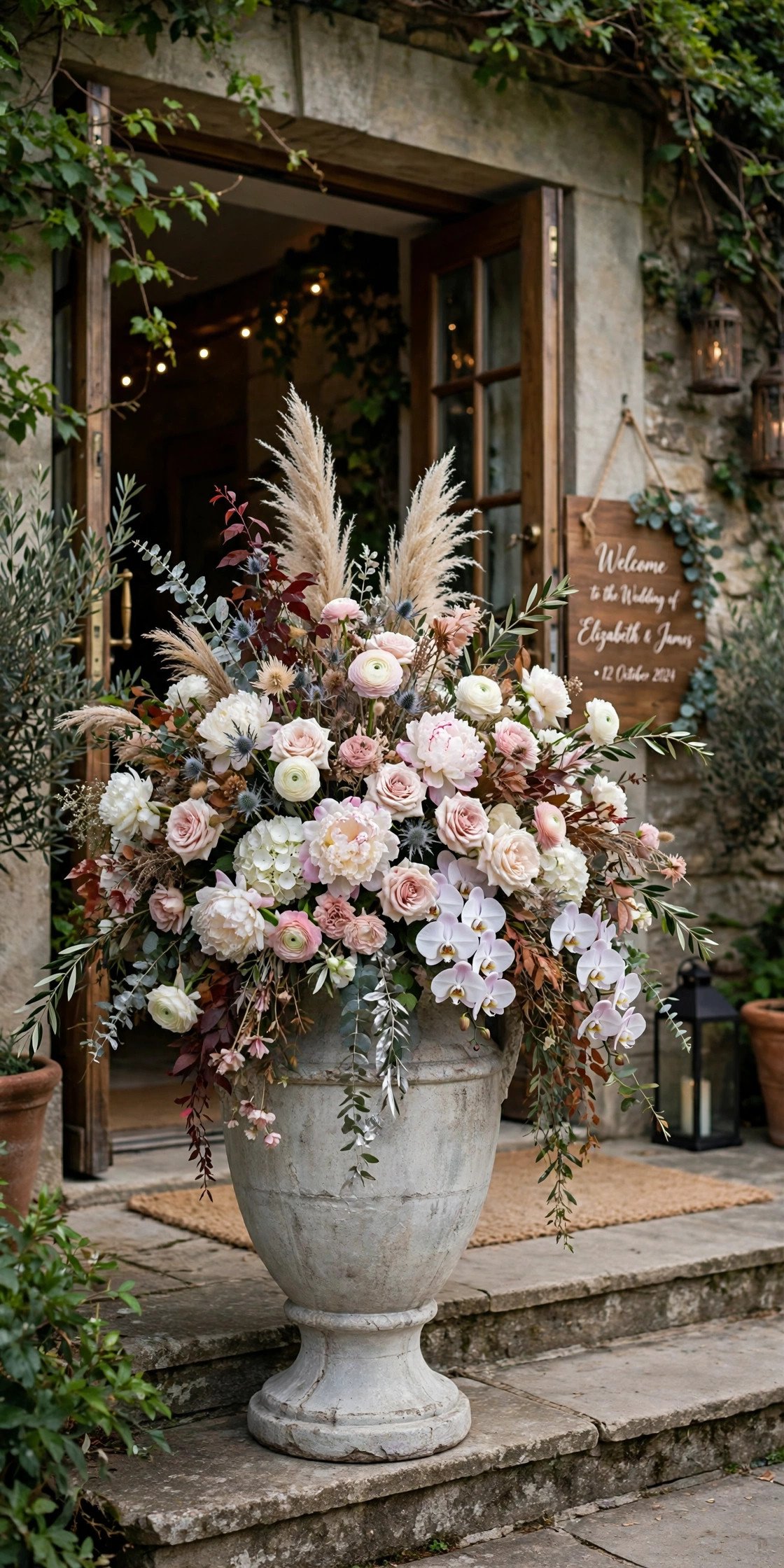 Oversized floor urn with dramatic wedding flower arrangement at venue entrance
