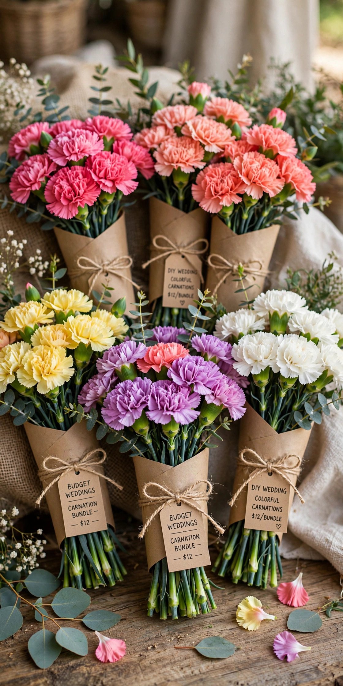 Colorful carnation bundles as budget wedding flowers