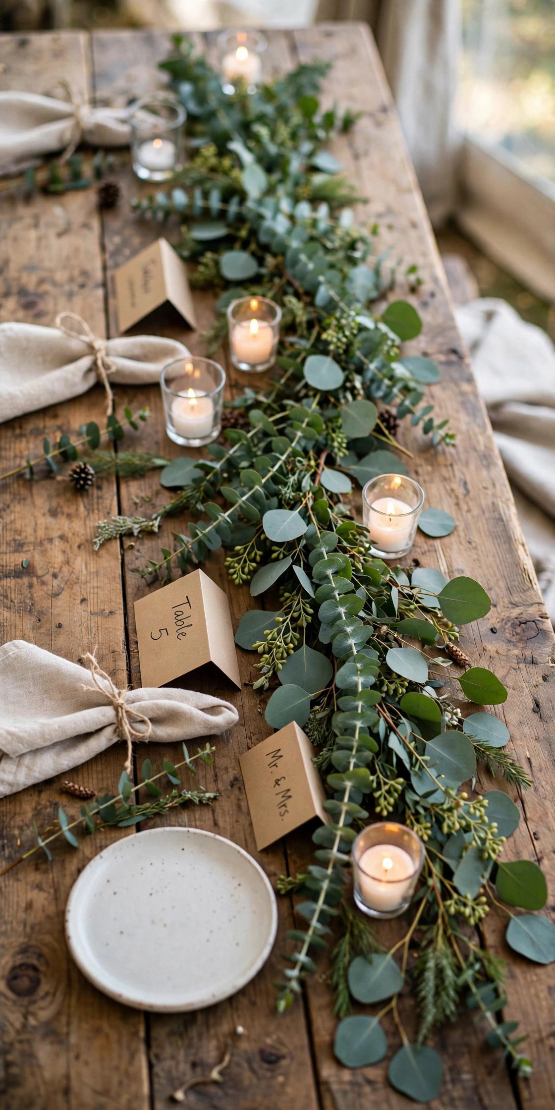Affordable eucalyptus greenery runner as budget wedding table decor