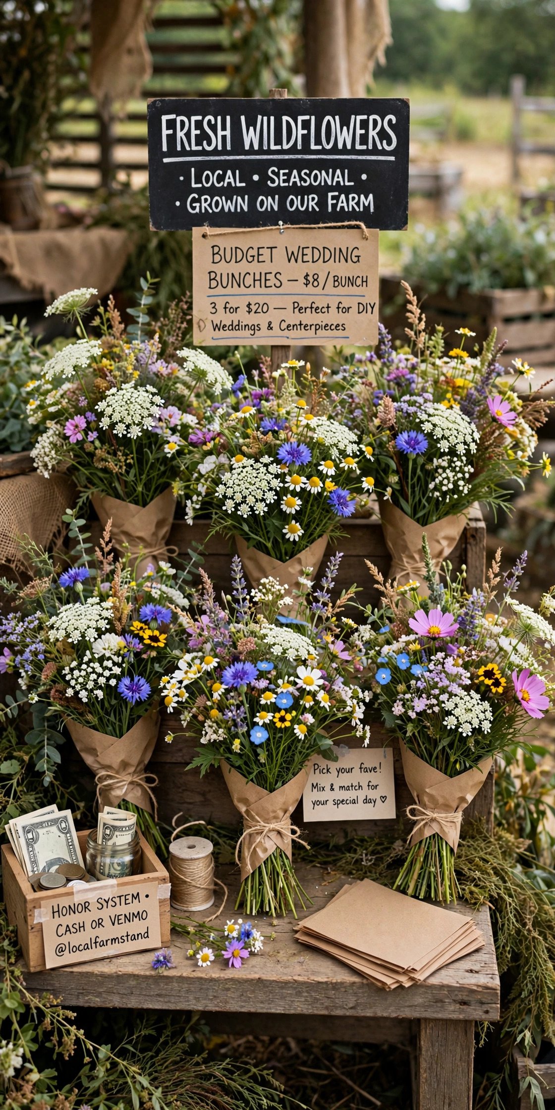 Fresh wildflower bunches from a local farm stand for budget wedding