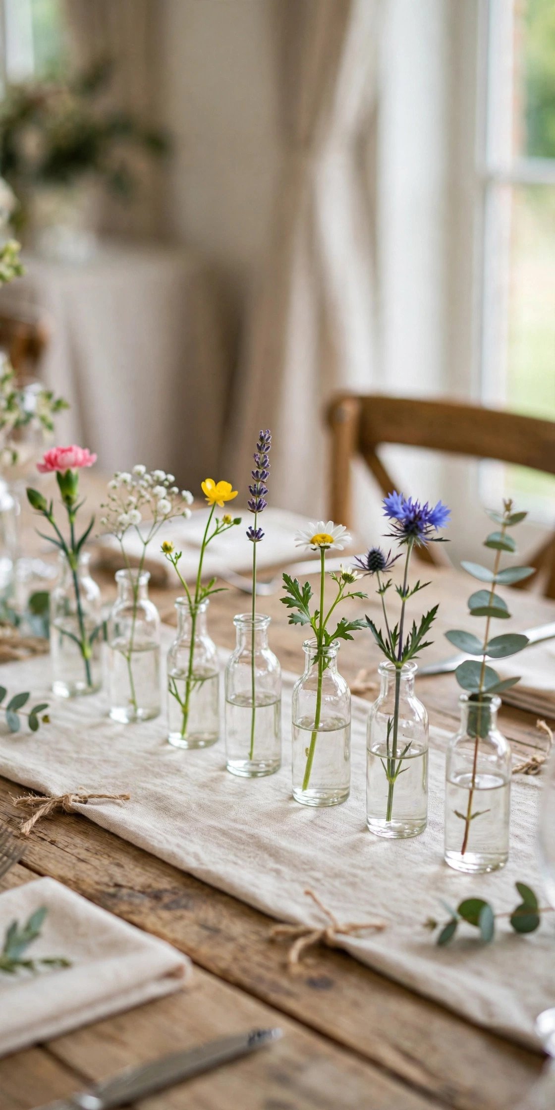 Single stems in small bud vases as cheap wedding table flowers