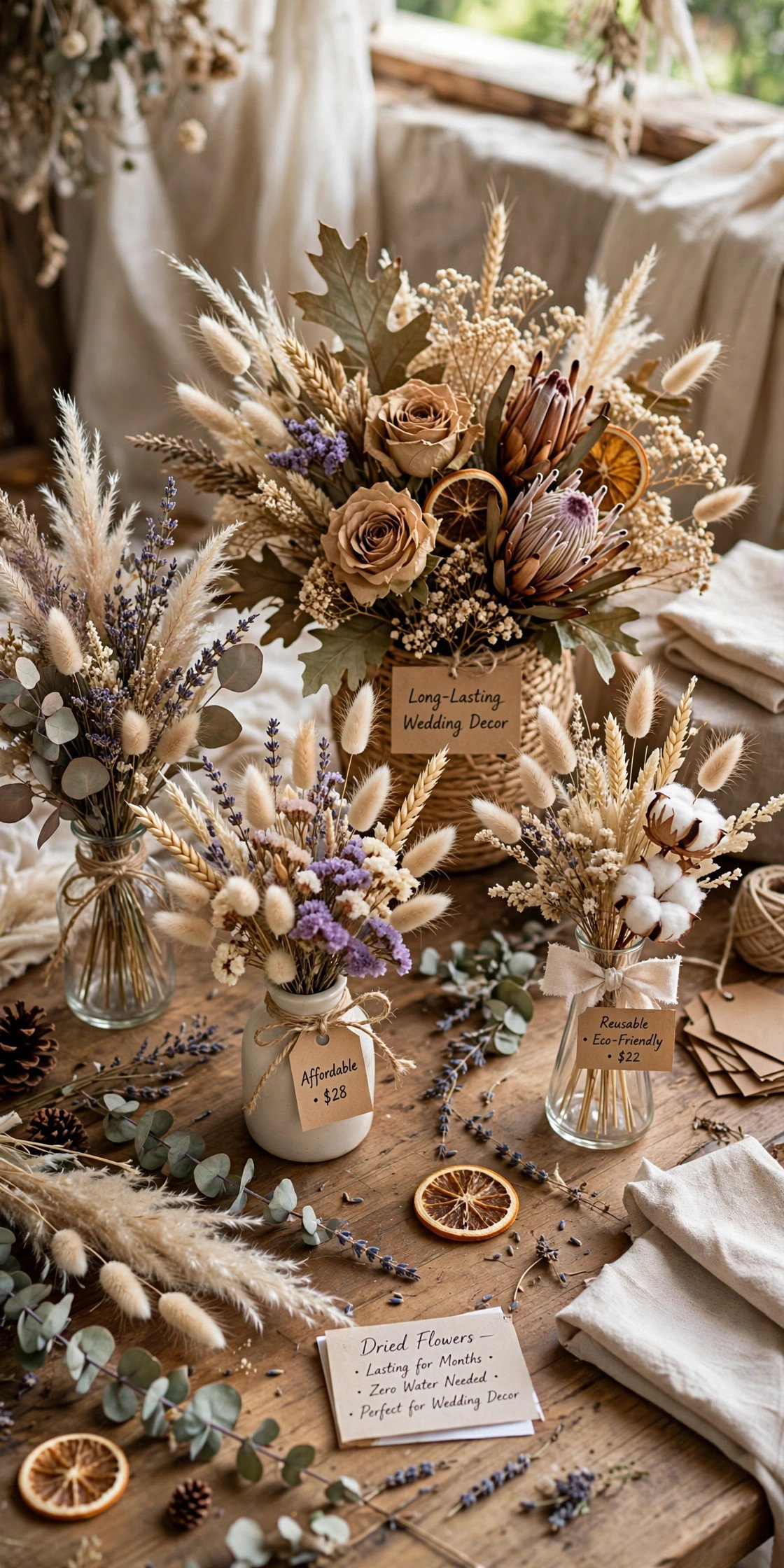 Dried flower arrangements as affordable long-lasting wedding decor