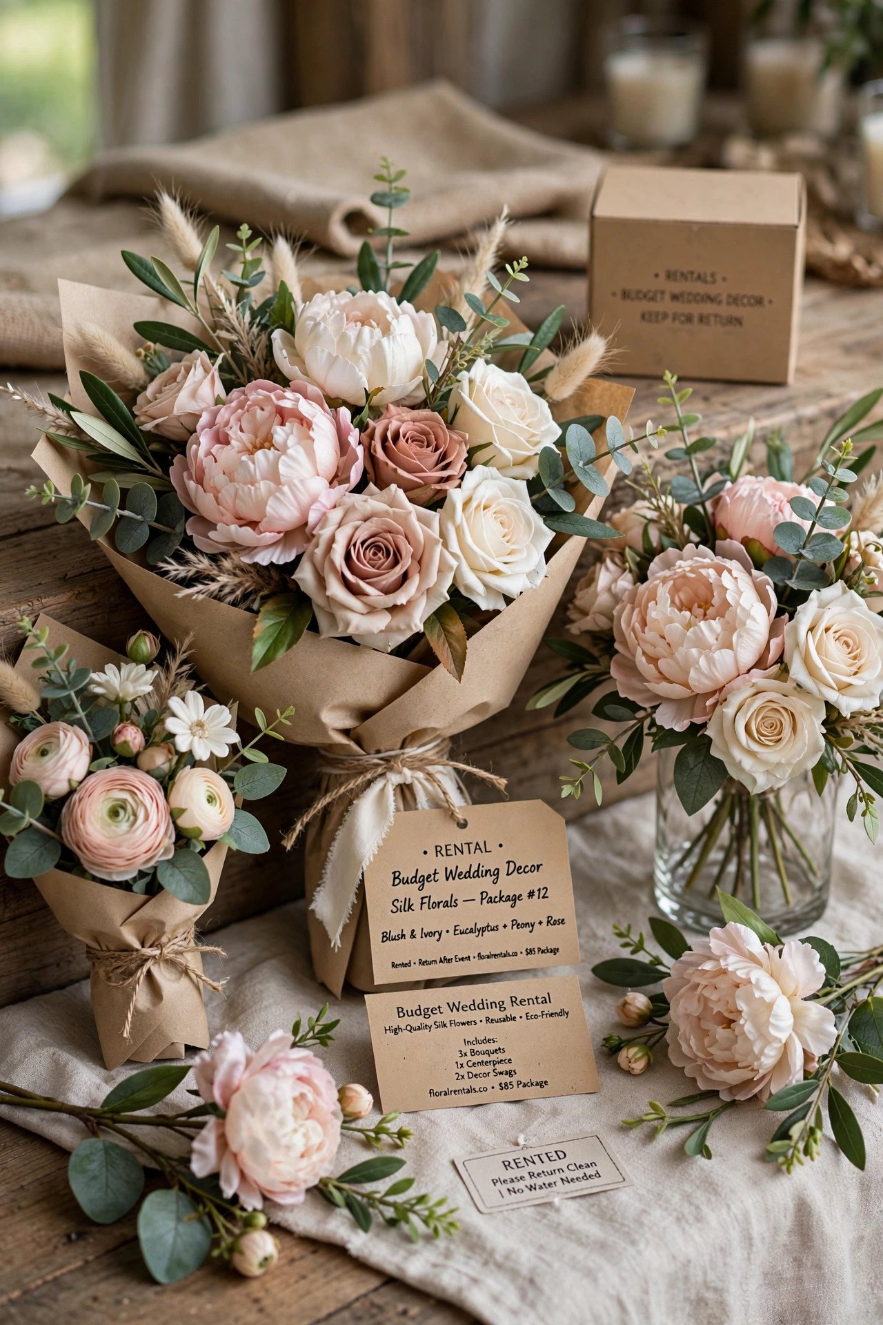 High quality silk wedding flowers rented for budget wedding decor