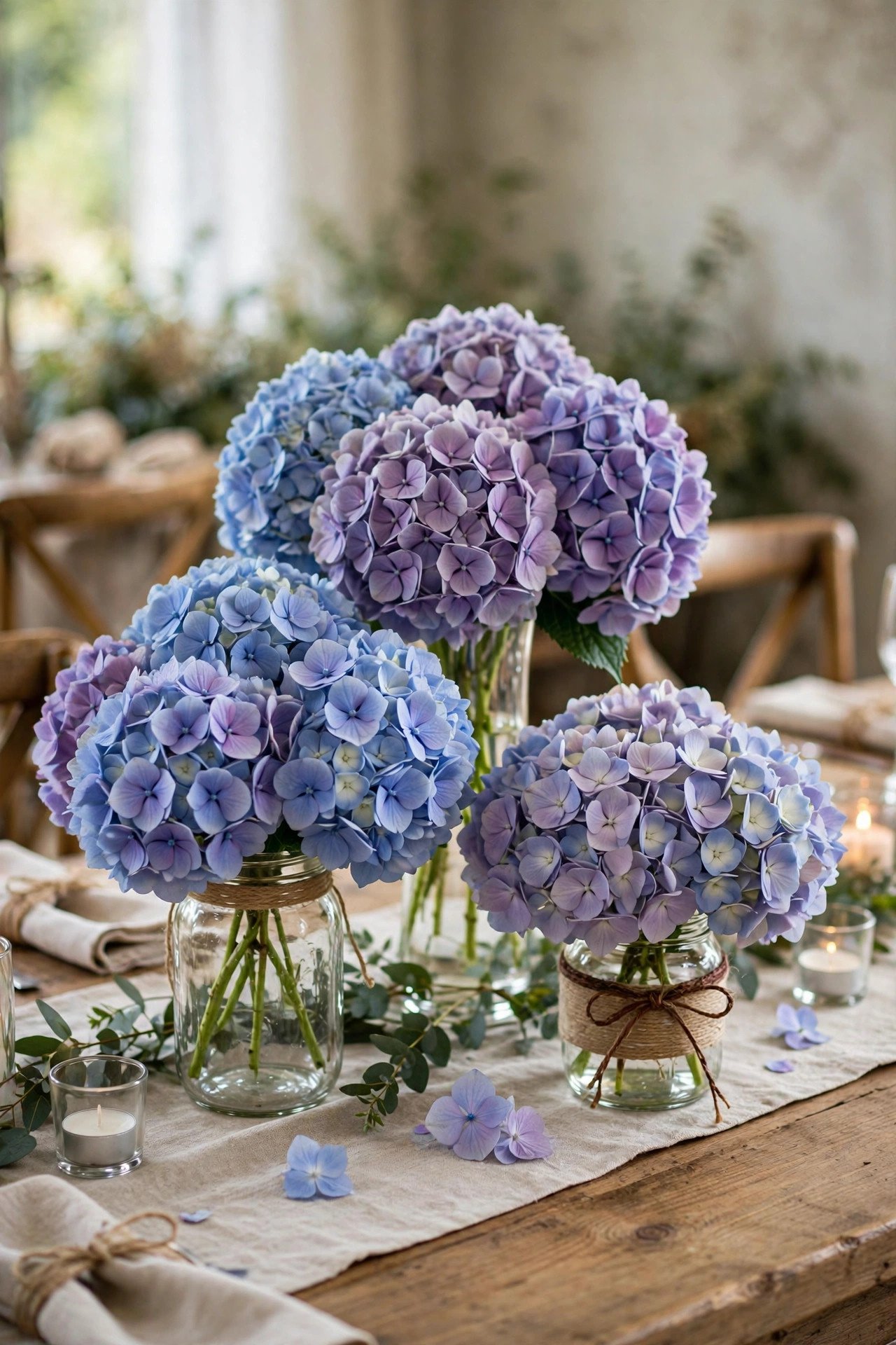 Large hydrangea blooms filling vases as budget wedding centerpieces