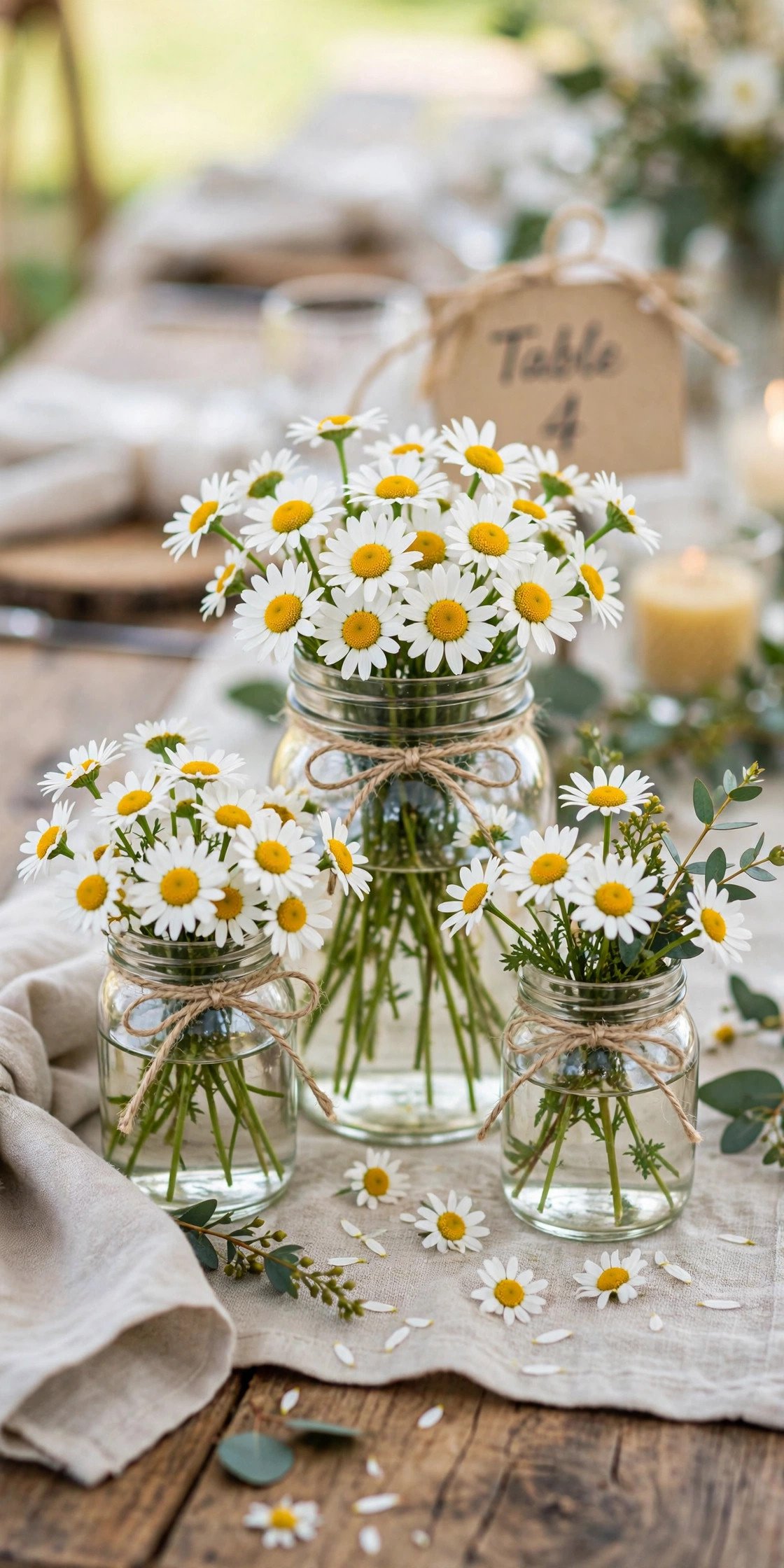 Cheerful daisies in jars as inexpensive wedding table flowers