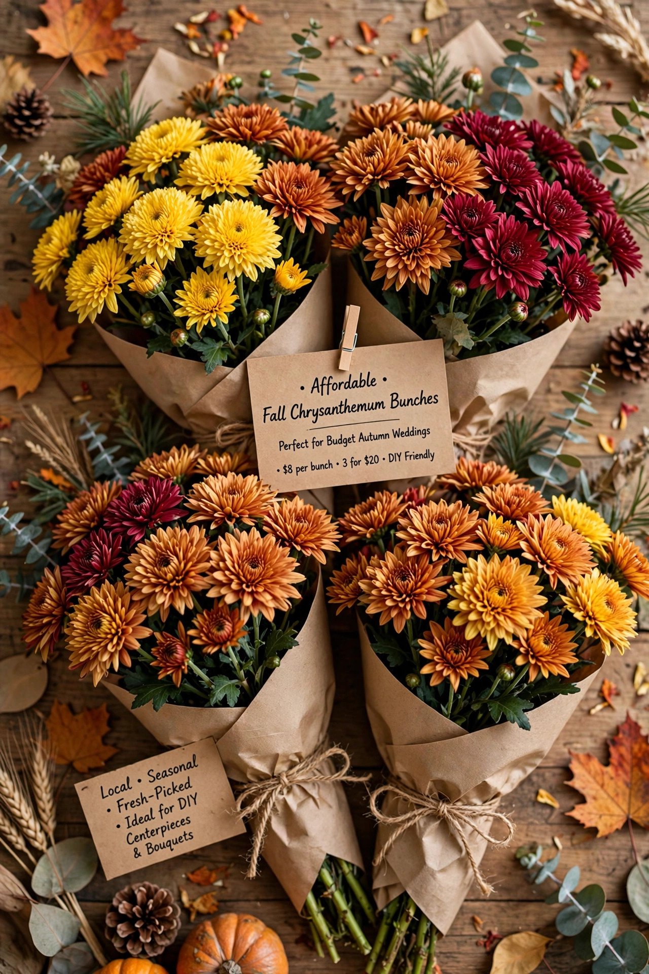 Affordable fall chrysanthemum bunches for budget autumn wedding