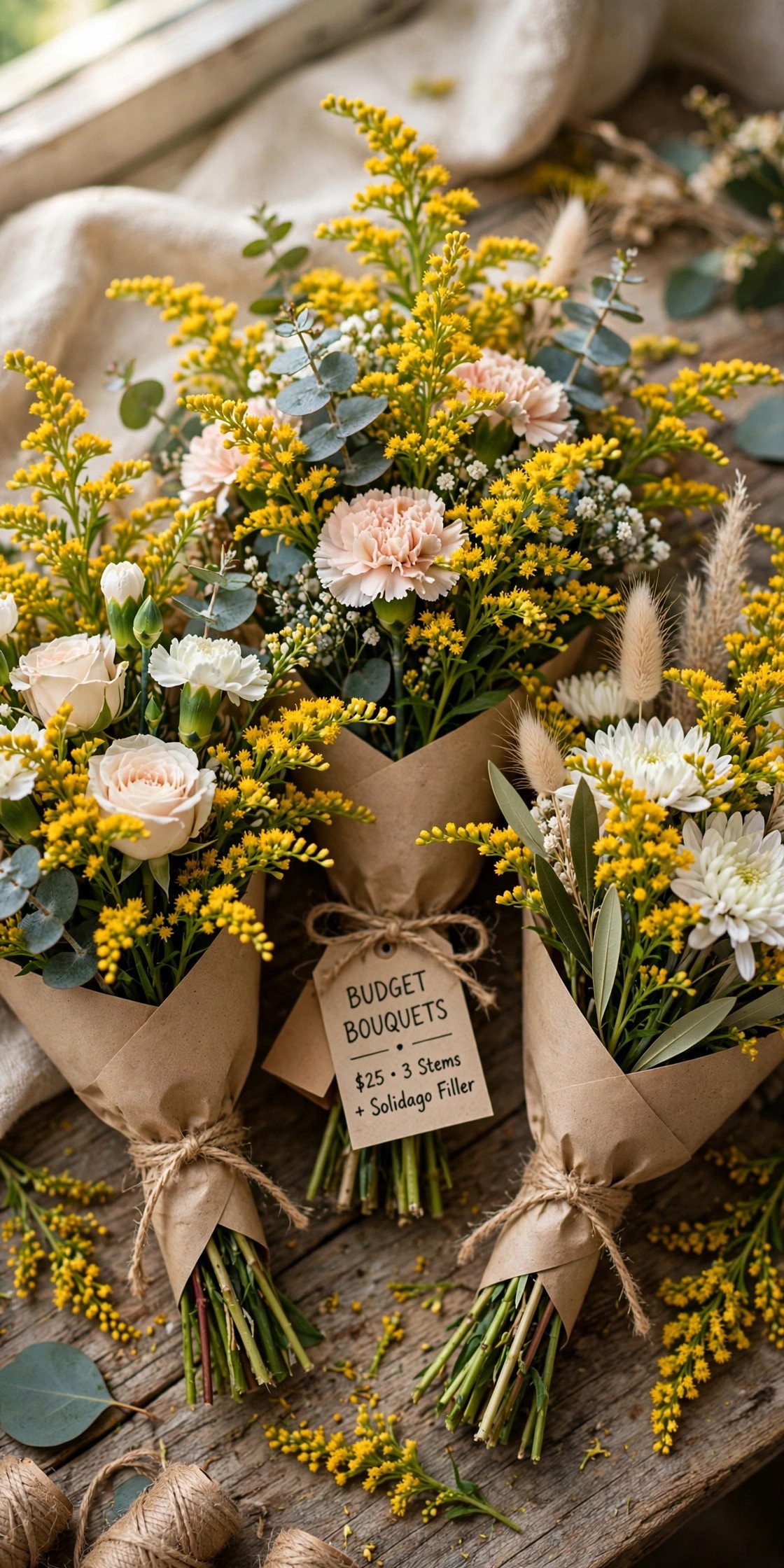 Golden solidago filler flowers adding volume to budget wedding bouquets