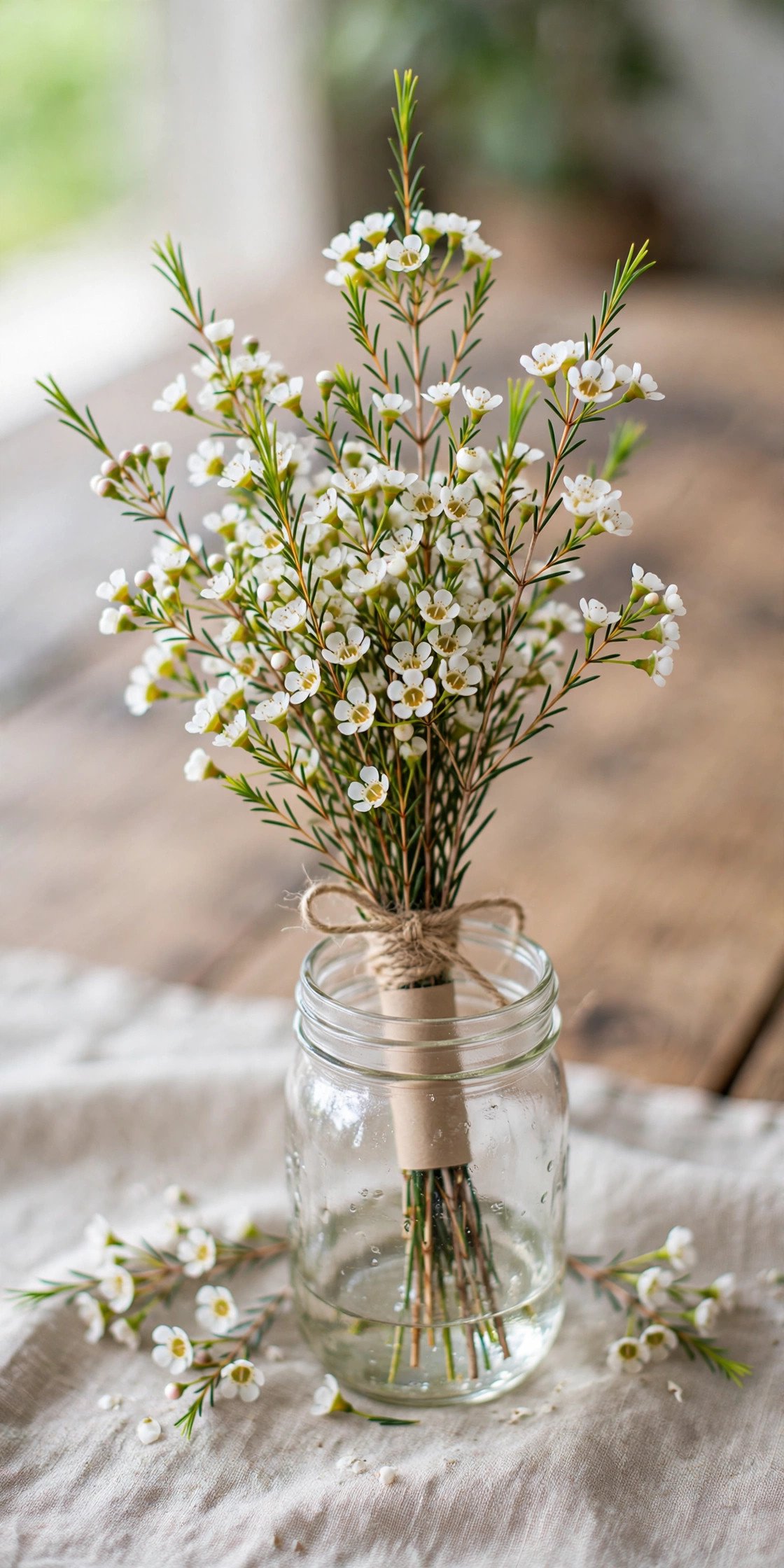 Delicate waxflower sprigs in a budget wedding arrangement