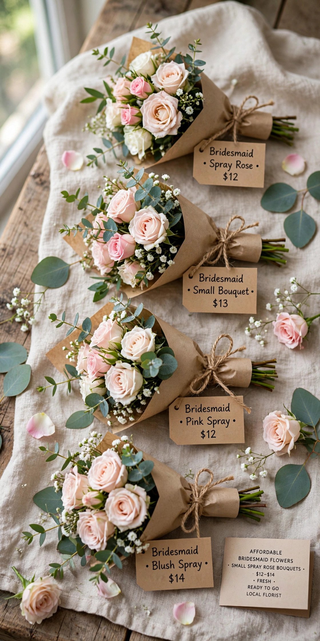 Small spray rose bouquets as affordable bridesmaid flowers