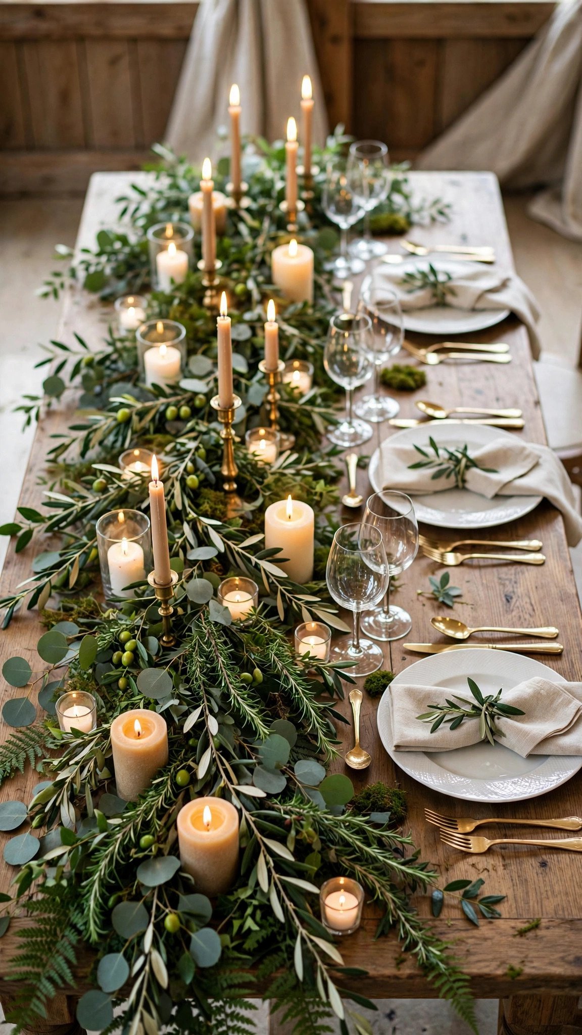 Wedding tablescape decorated with only greenery and candles, no flowers