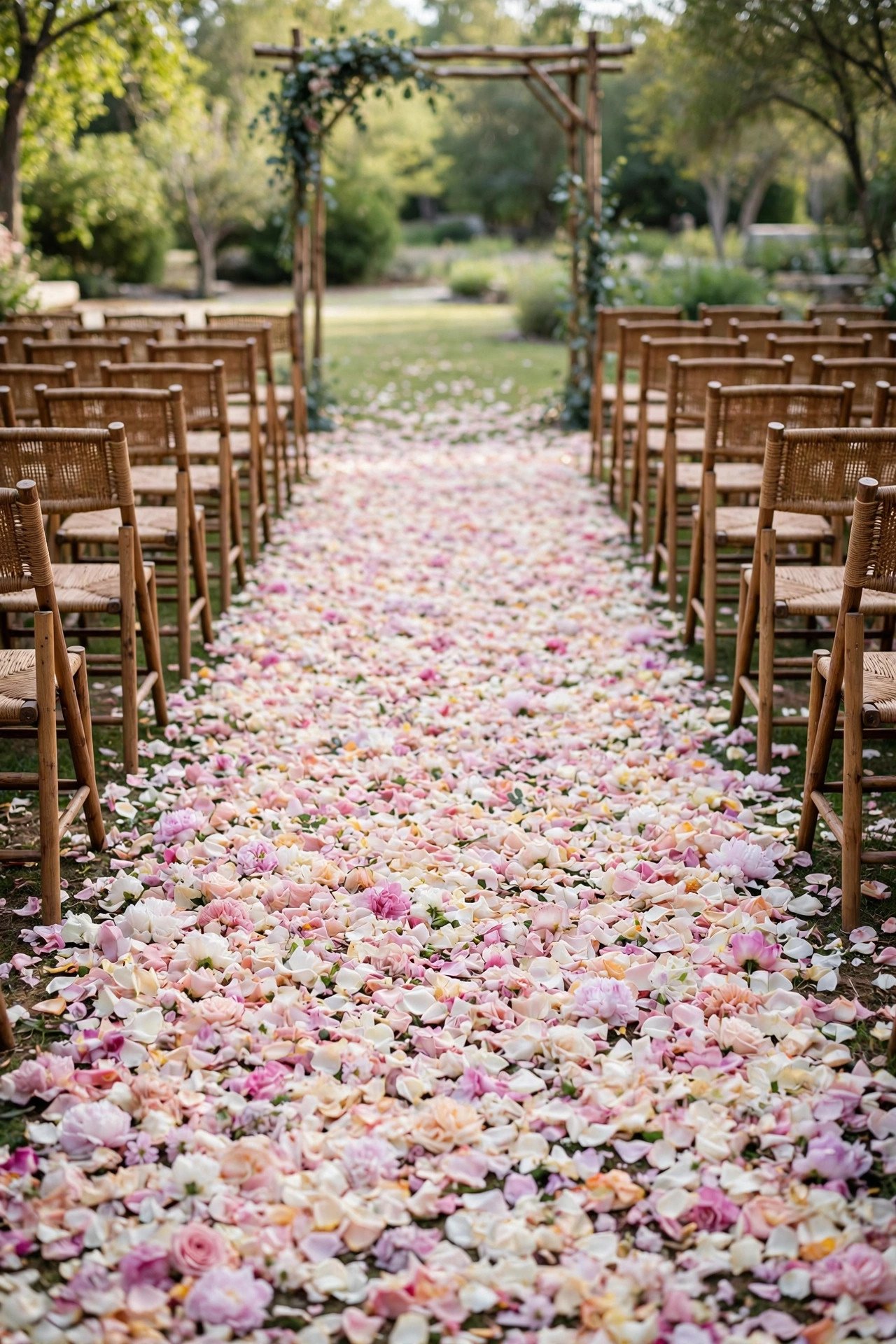 Wedding aisle covered in flower petals instead of expensive arrangements