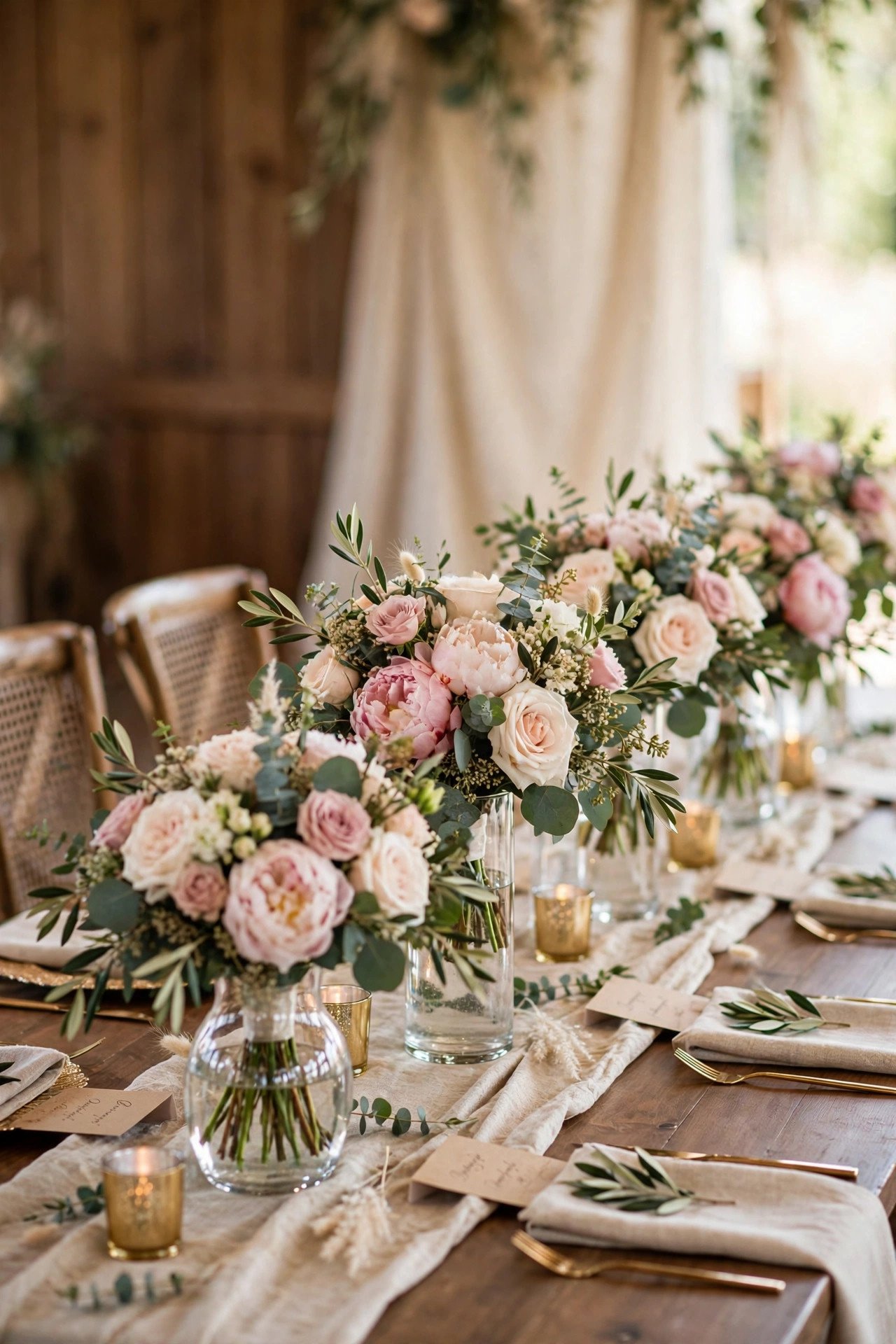 Bridesmaid bouquets placed in vases as reception table centerpieces