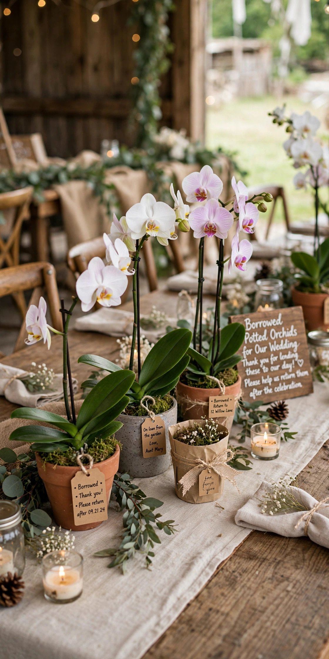 Borrowed potted orchid plants used as elegant budget wedding decor