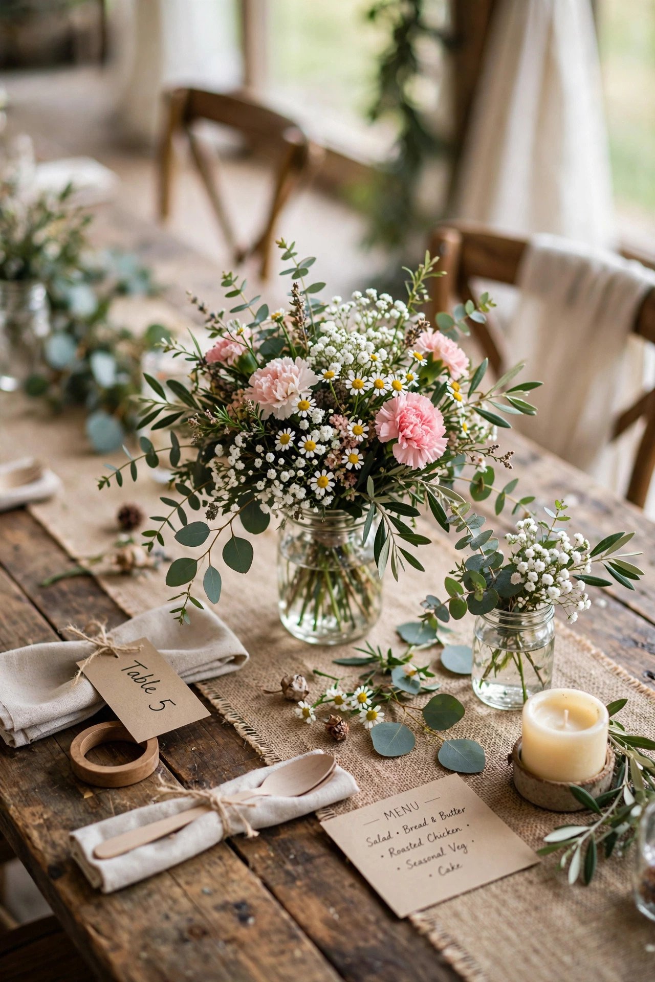 Beautiful budget wedding flowers arranged on a rustic reception table