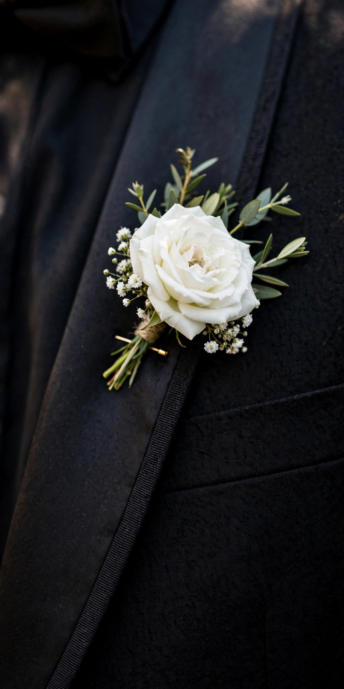 Classic white rose wedding boutonniere pinned on a black tuxedo lapel