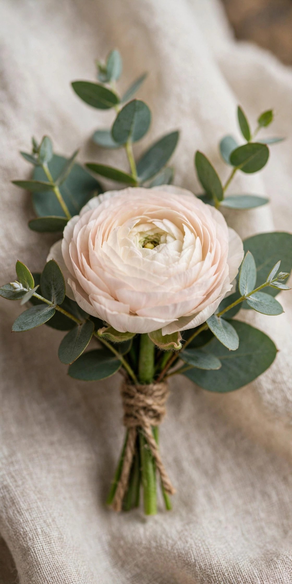 Wedding boutonniere with ranunculus flower and eucalyptus leaves