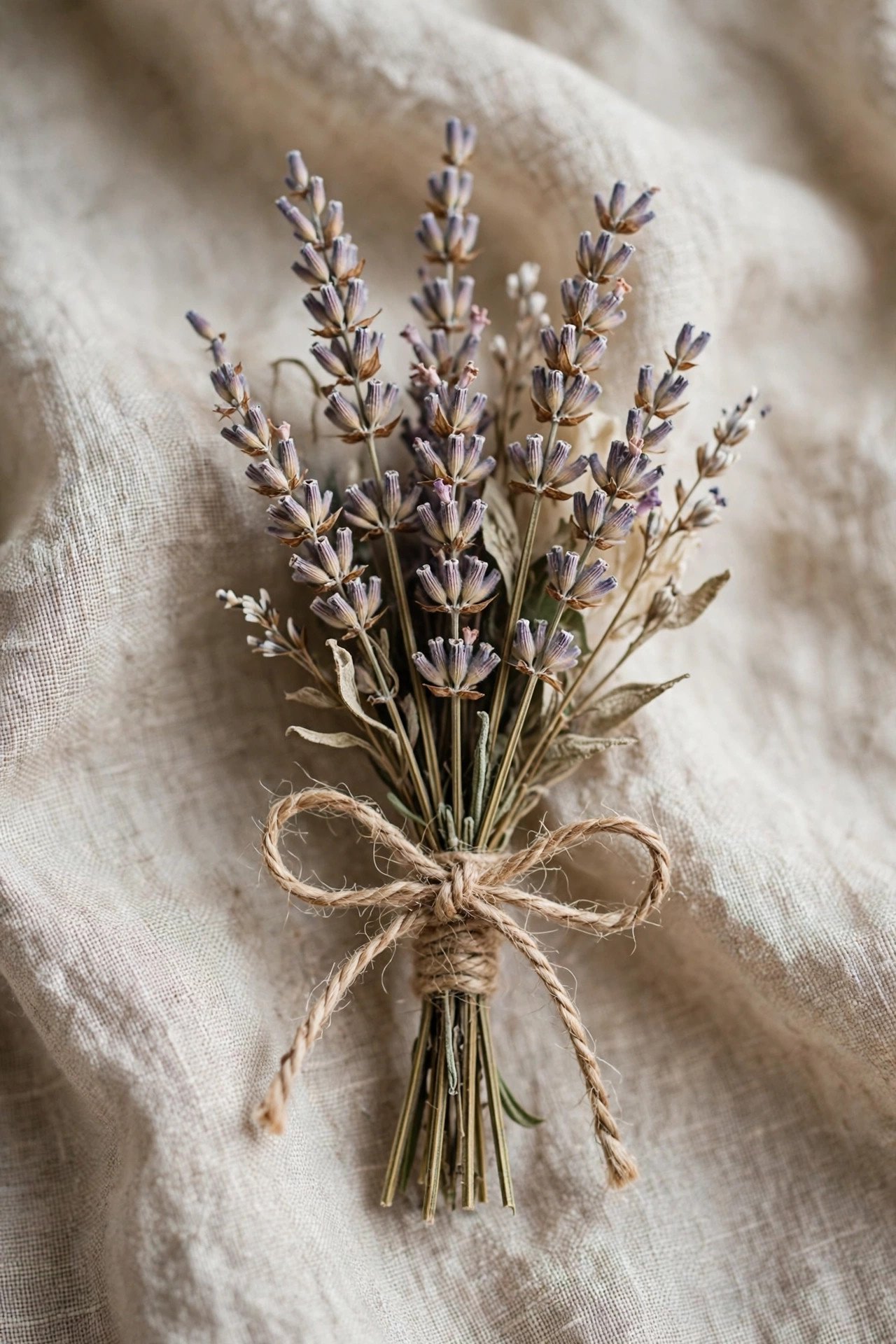 Dried lavender sprig wedding boutonniere tied with twine